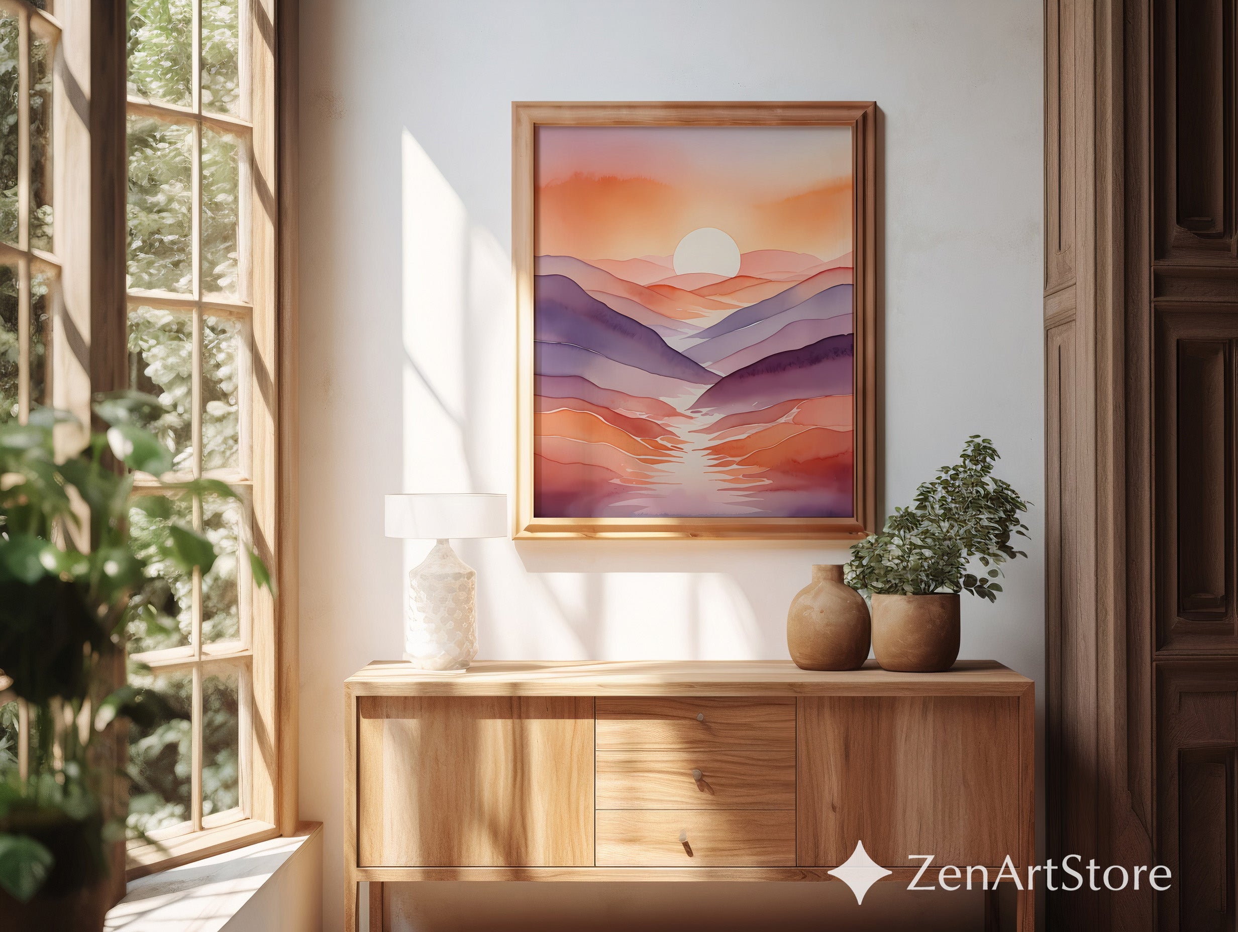 Sunset Mountain Watercolor Print – Minimal Abstract Landscape Wall Art Pink Orange Purple Japandi Boho Neutral Home Decor