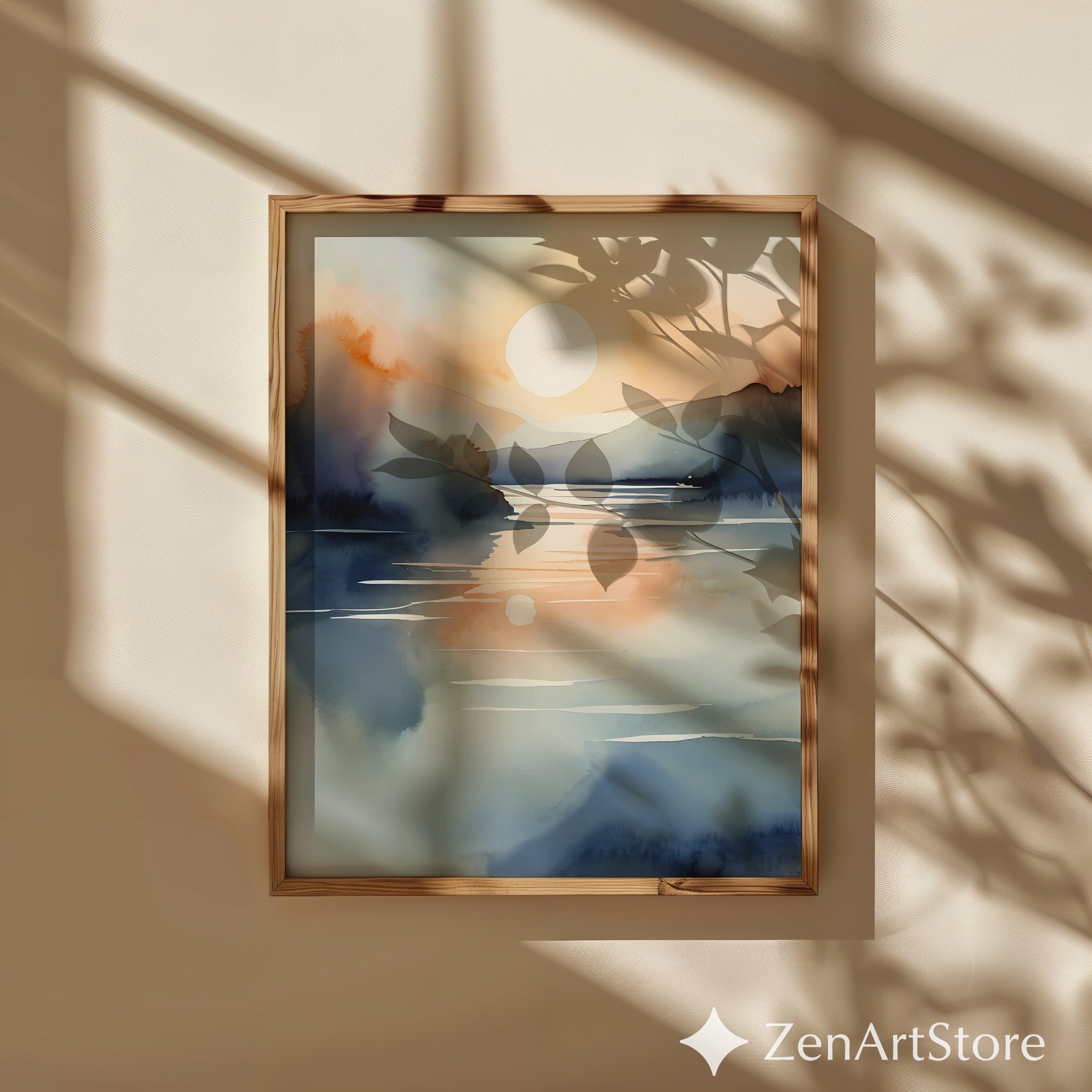 Serene Watercolor Sunset Lake Print – Minimal Neutral Landscape Art for Living Room, Bedroom, Japandi Decor