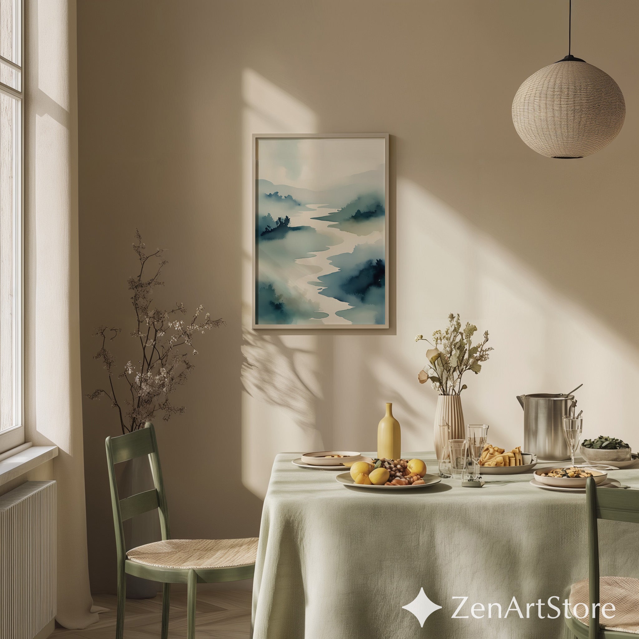 Misty River Watercolor Print - Minimal Japandi Landscape Art, Neutral Blue Zen Wall Decor for Living Room & Bedroom