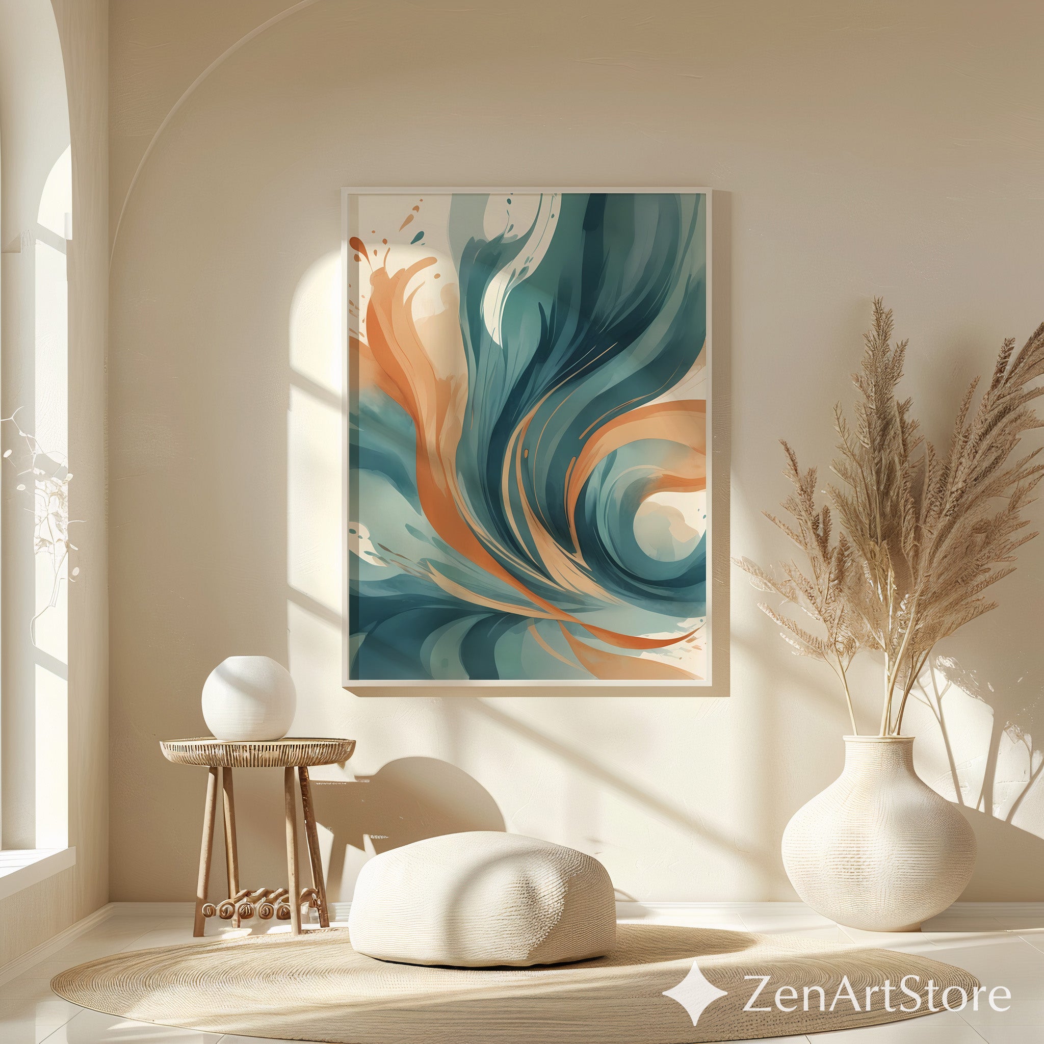 Abstract Teal & Terracotta Wall Art - Modern Minimalist Printable Canvas, Calm Japandi Living Room Decor
