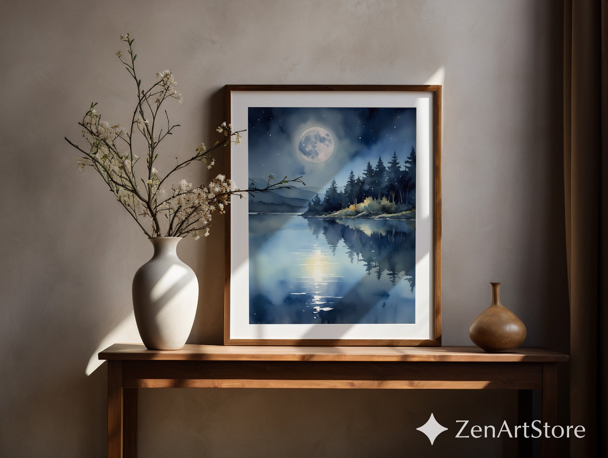 Moonlight Lake Wall Art - Serene Blue Night Landscape Print, Minimal Zen Moon Reflection for Bedroom Living Room Decor