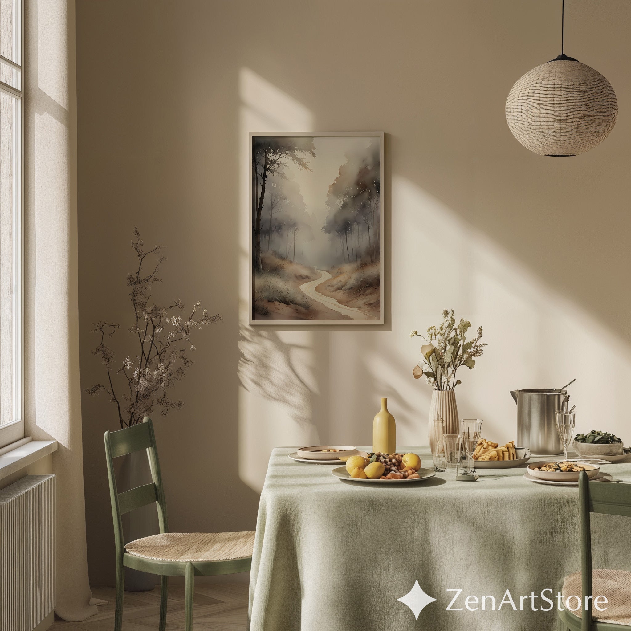 Misty Forest Path Neutral Wall Art Print - Japandi Wabi-Sabi Minimal Landscape for Living Room, Bedroom, Office