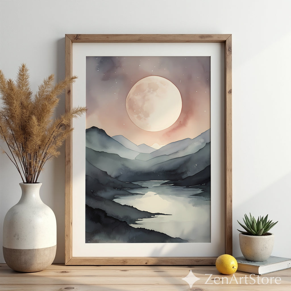 Serene Moonlit Mountain Lake Watercolor Print - Japandi Minimal Neutral Wall Art, Beige & Gray Landscape