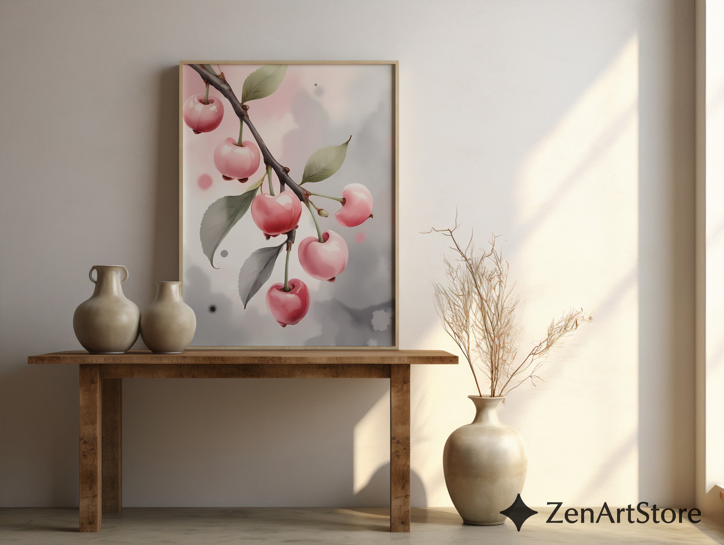 Pink Cherry Art Print Minimal Botanical Wall Art Pastel Fruit Poster for Kitchen Nursery Japandi Scandinavian Home Decor