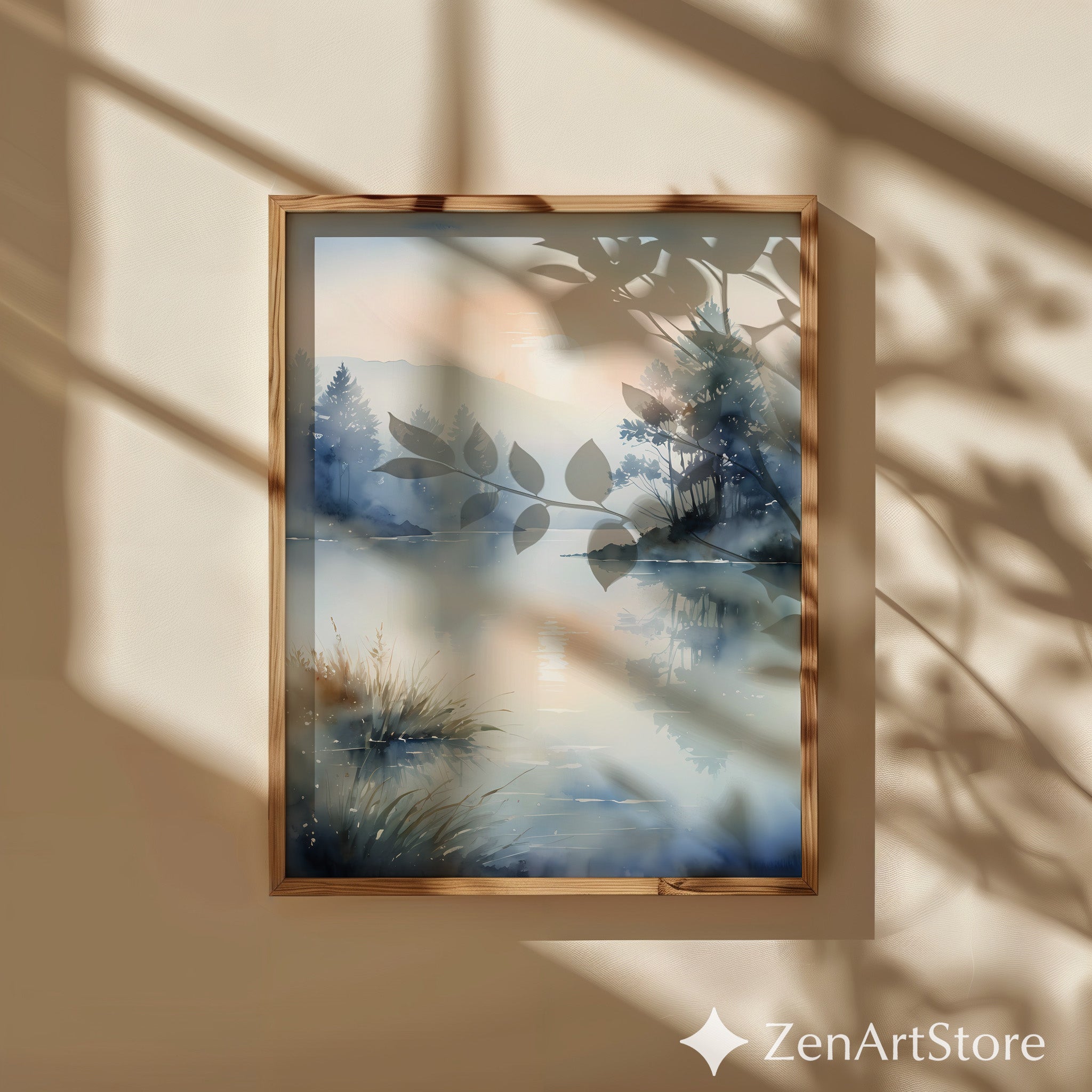 Misty Lake Sunrise Watercolor Print – Zen Minimal Landscape Wall Art, Japandi Neutral Home Decor, Calm Scandinavian Nature Poster