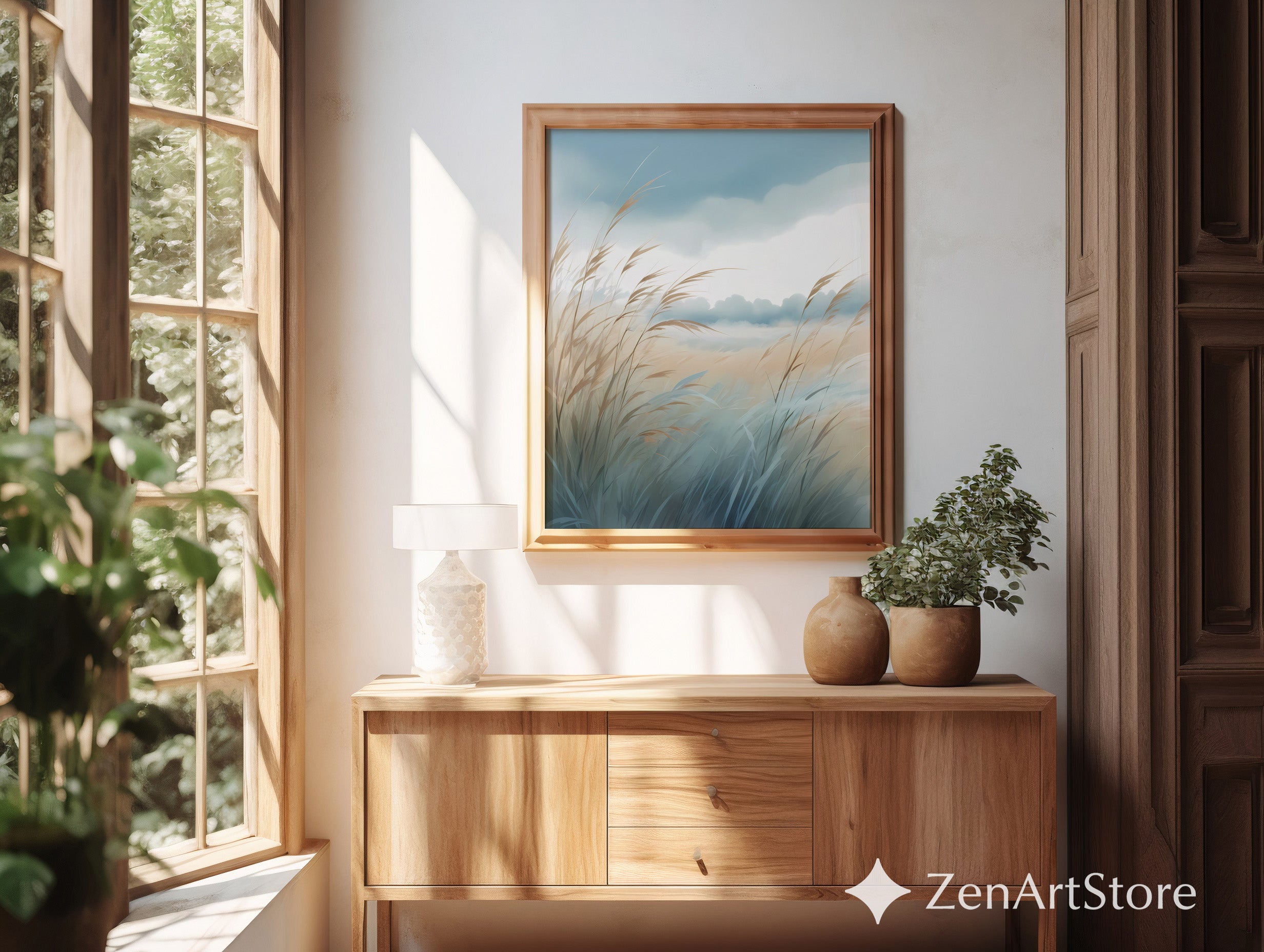 Serene Coastal Grass Landscape Print – Minimal Pastel Botanical Wall Art, Neutral Zen Decor for Living Room, Bedroom, Japandi & Boho Interiors