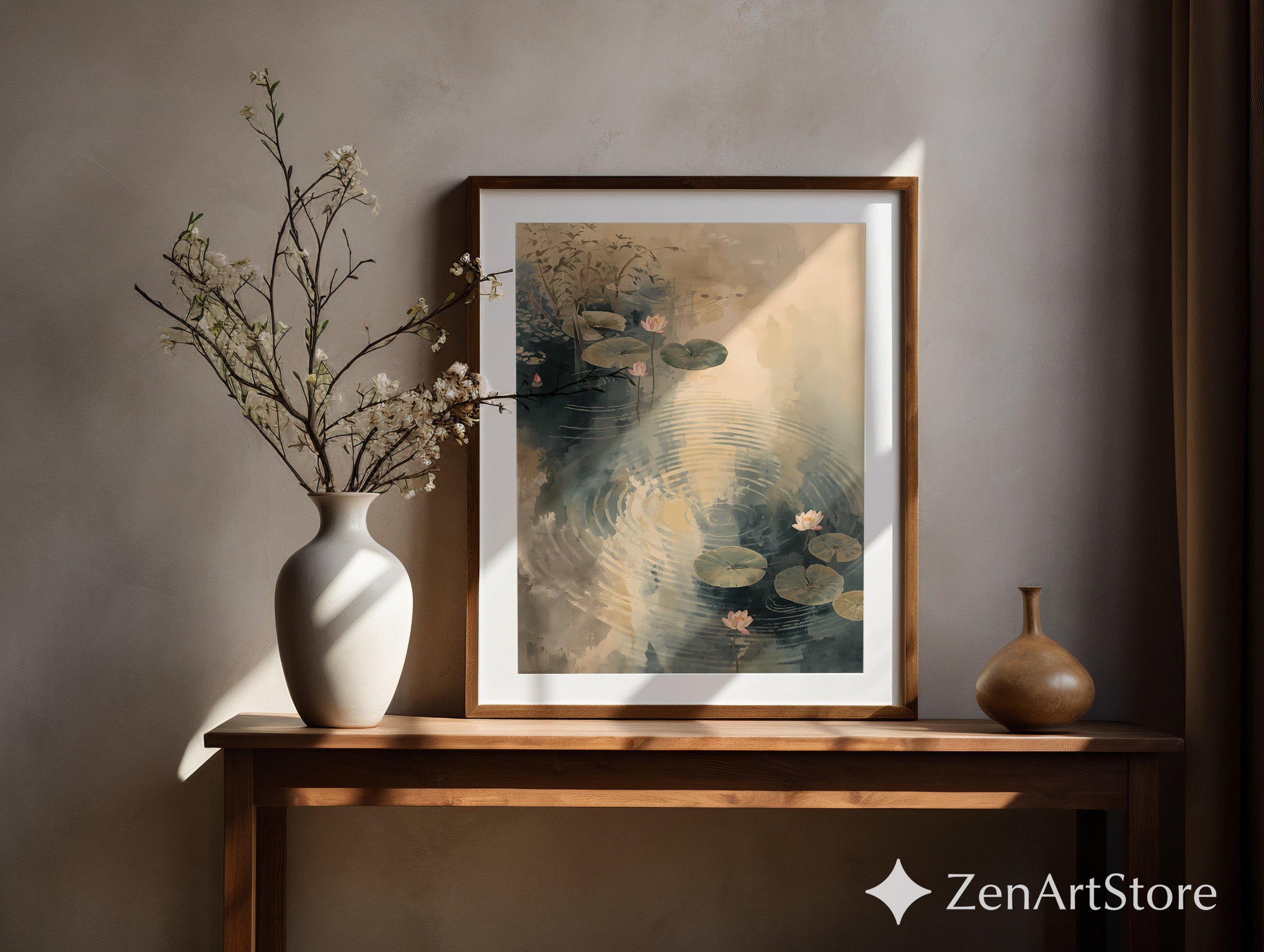 Serene Lotus Pond Watercolor Print - Zen Minimal Botanical Wall Art, Neutral Beige & Blue-Gray Japandi Home Decor