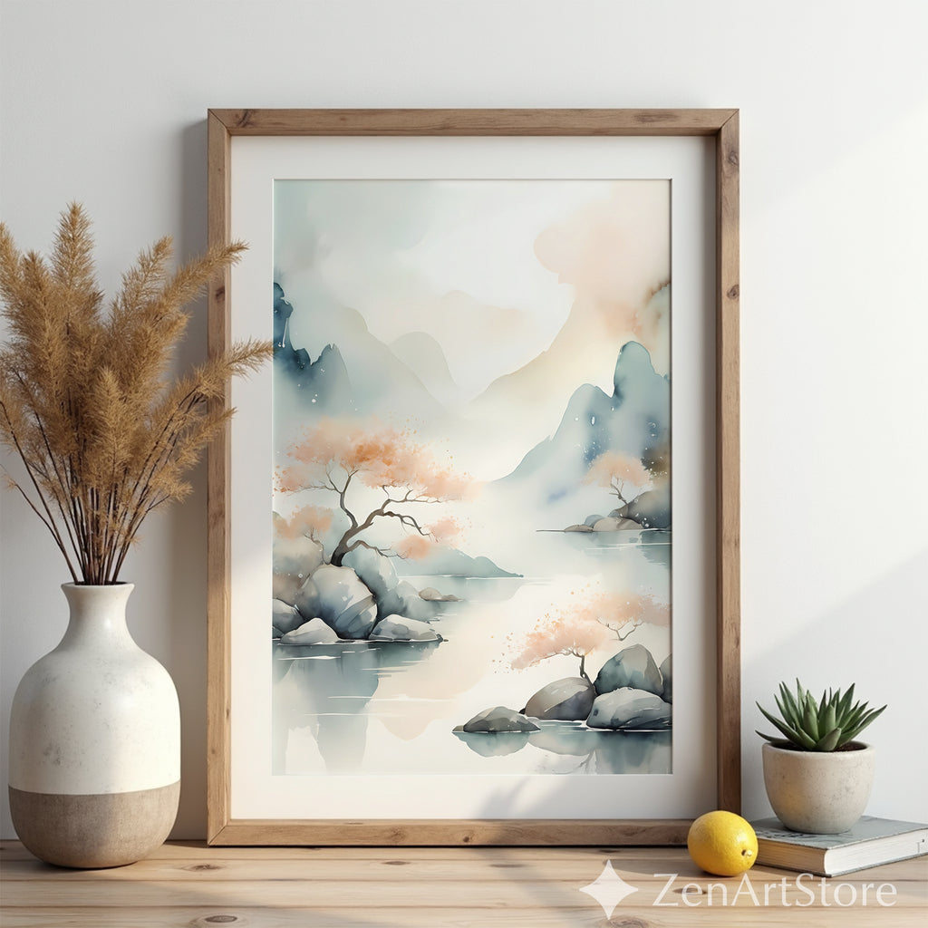 Serene Watercolor Landscape Print - Zen Japandi Wall Art, Minimal Mountain & Peach Tree Illustration for Living Room, Bedroom, Nursery