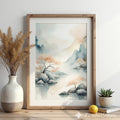 Serene Watercolor Landscape Print - Zen Japandi Wall Art, Minimal Mountain & Peach Tree Illustration for Living Room, Bedroom, Nursery