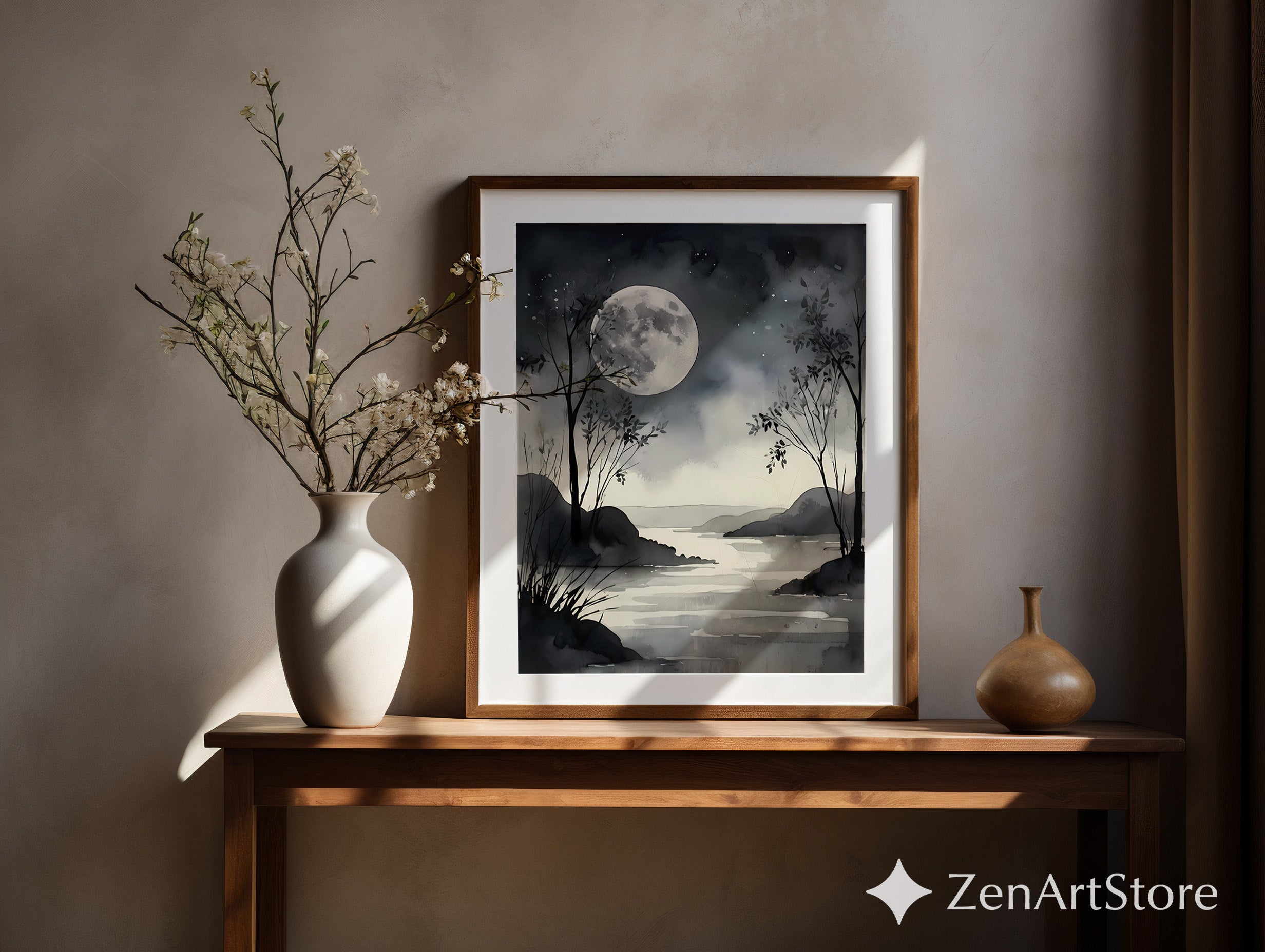 Moonlight Watercolor Landscape Print - Minimal Black & White Moon Art, Zen Japandi Wall Decor for Living Room or Bedroom