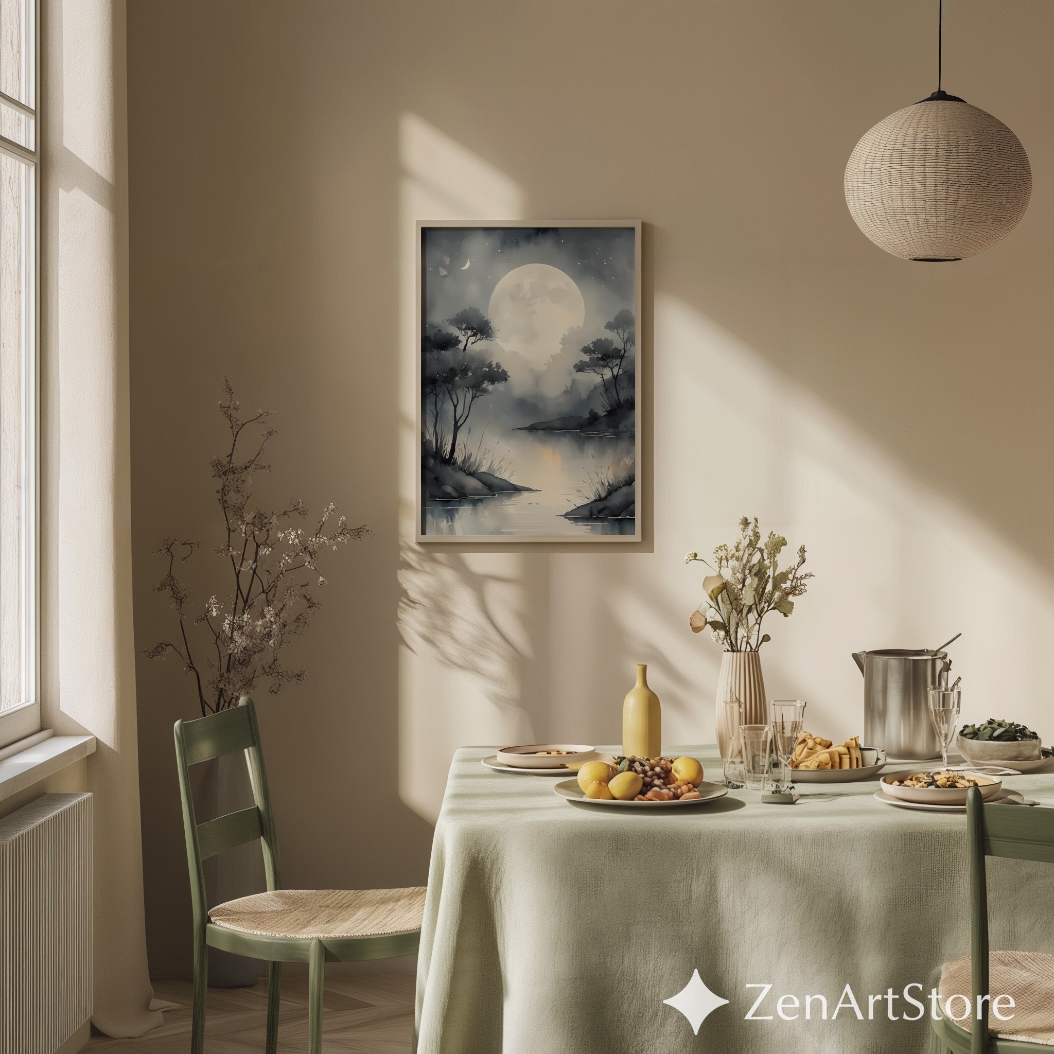 Moonlit Lake Wall Art Print - Serene Minimalist Moon Landscape, Grayscale Japandi Zen Home Decor