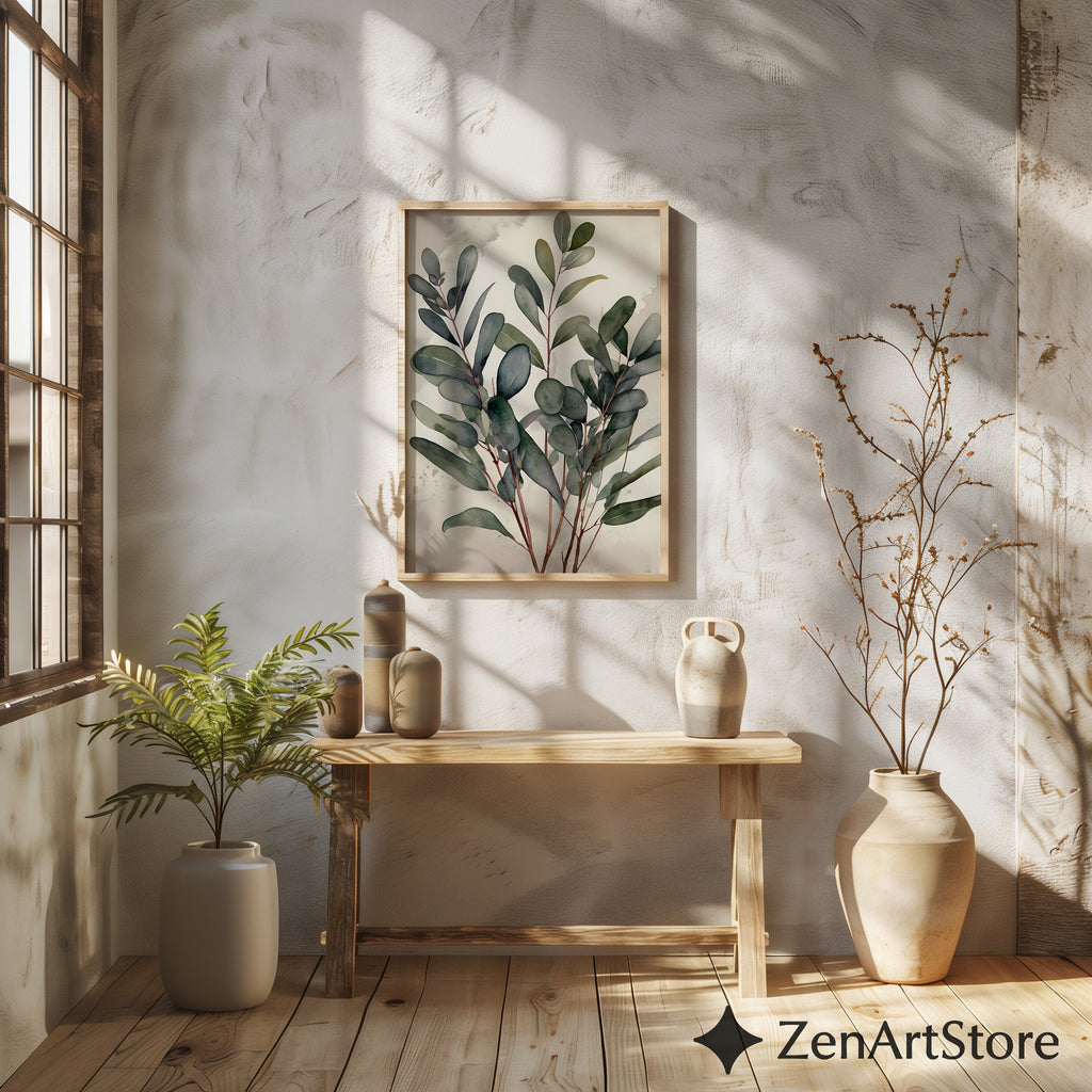 Minimal Eucalyptus Botanical Wall Art - Neutral Japandi Watercolor Print for Living Room Bedroom - Calm Scandinavian Plant Poster