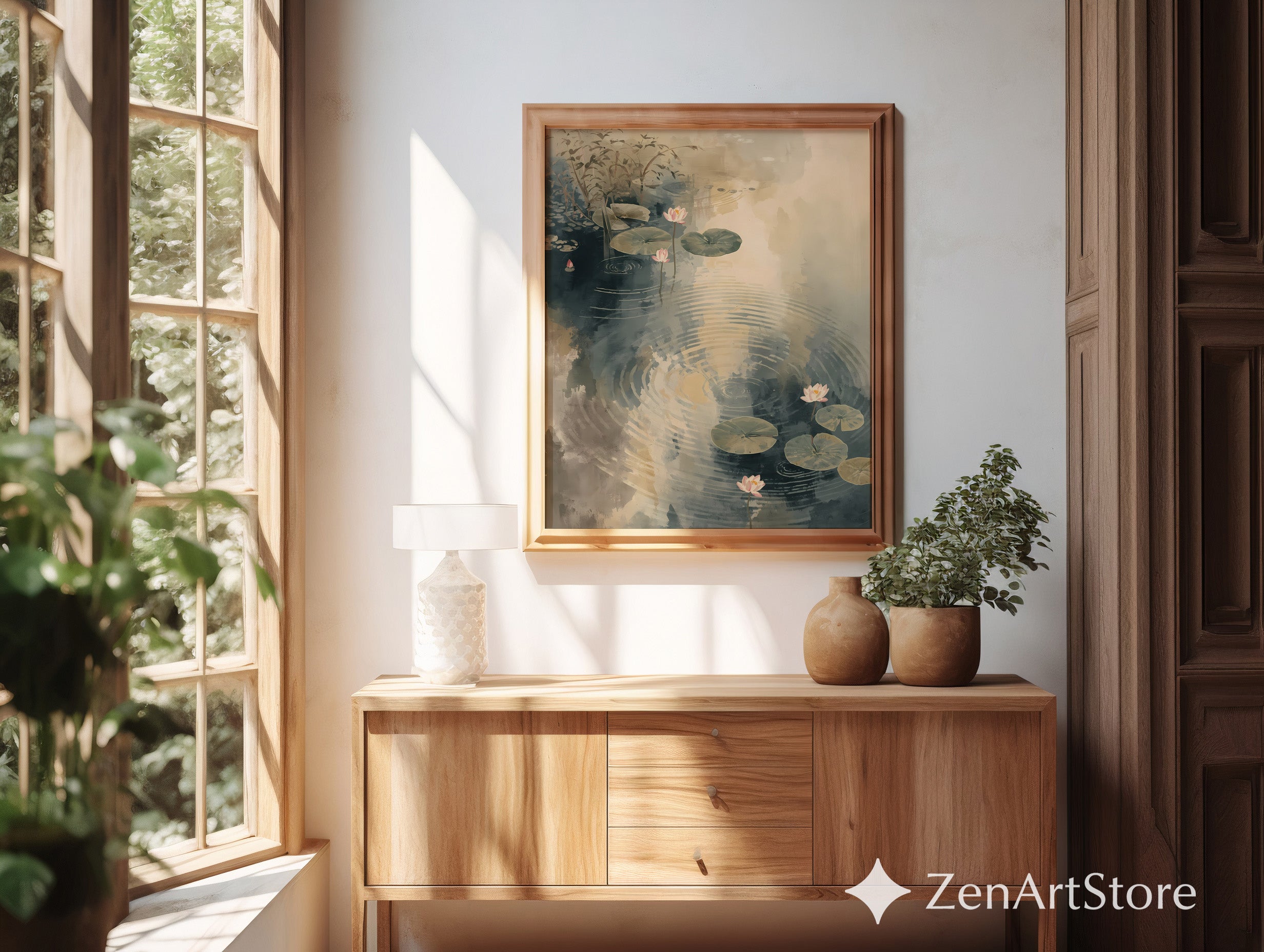 Serene Lotus Pond Watercolor Print - Zen Minimal Botanical Wall Art, Neutral Beige & Blue-Gray Japandi Home Decor