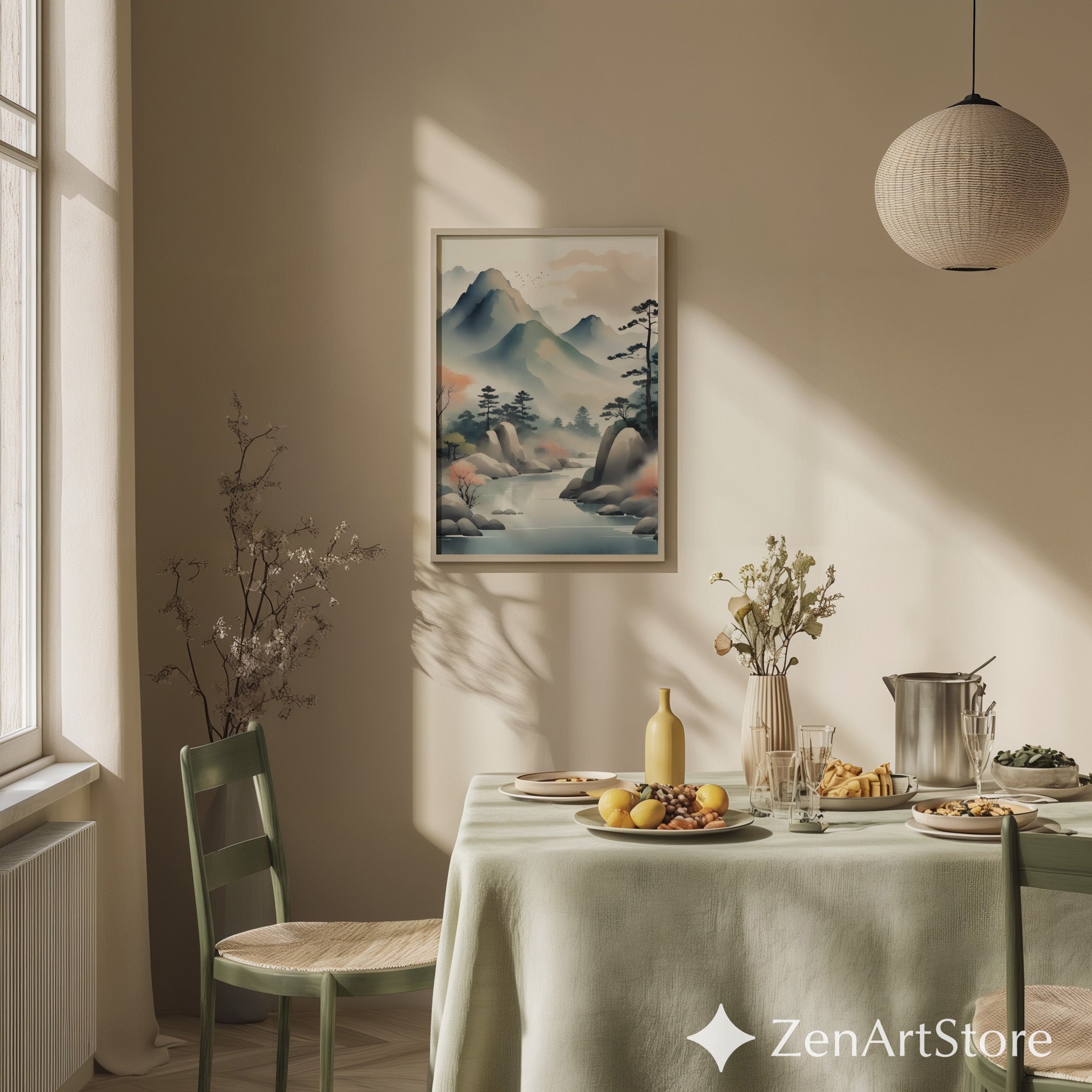 Misty Mountain River Watercolor Print - Japandi Zen Landscape Art for Minimal Neutral Home Decor