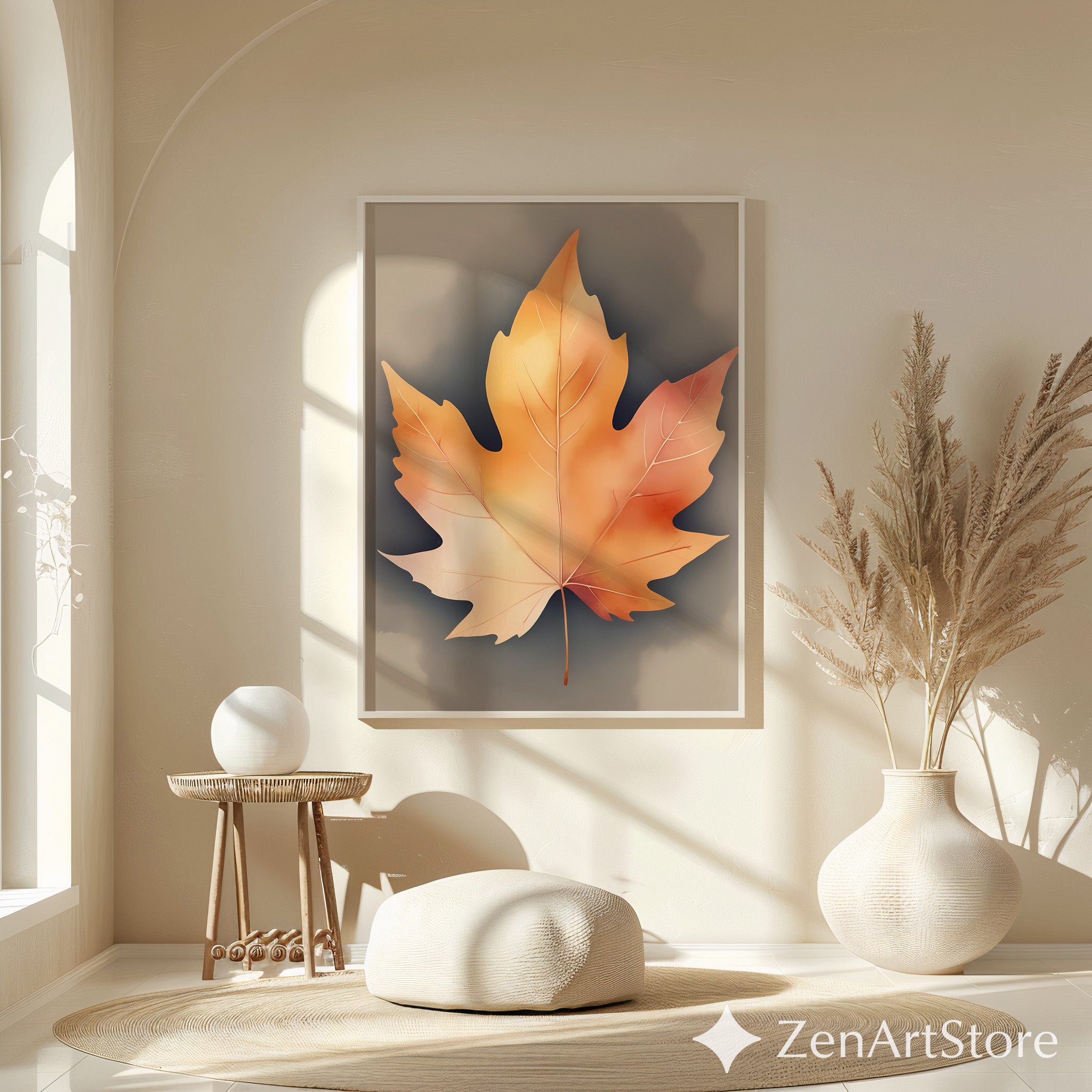 Neutral Autumn Leaf Wall Art - Minimal Maple Leaf Print, Japandi Wabi-Sabi Fall Home Decor, Beige Botanical Wall Art