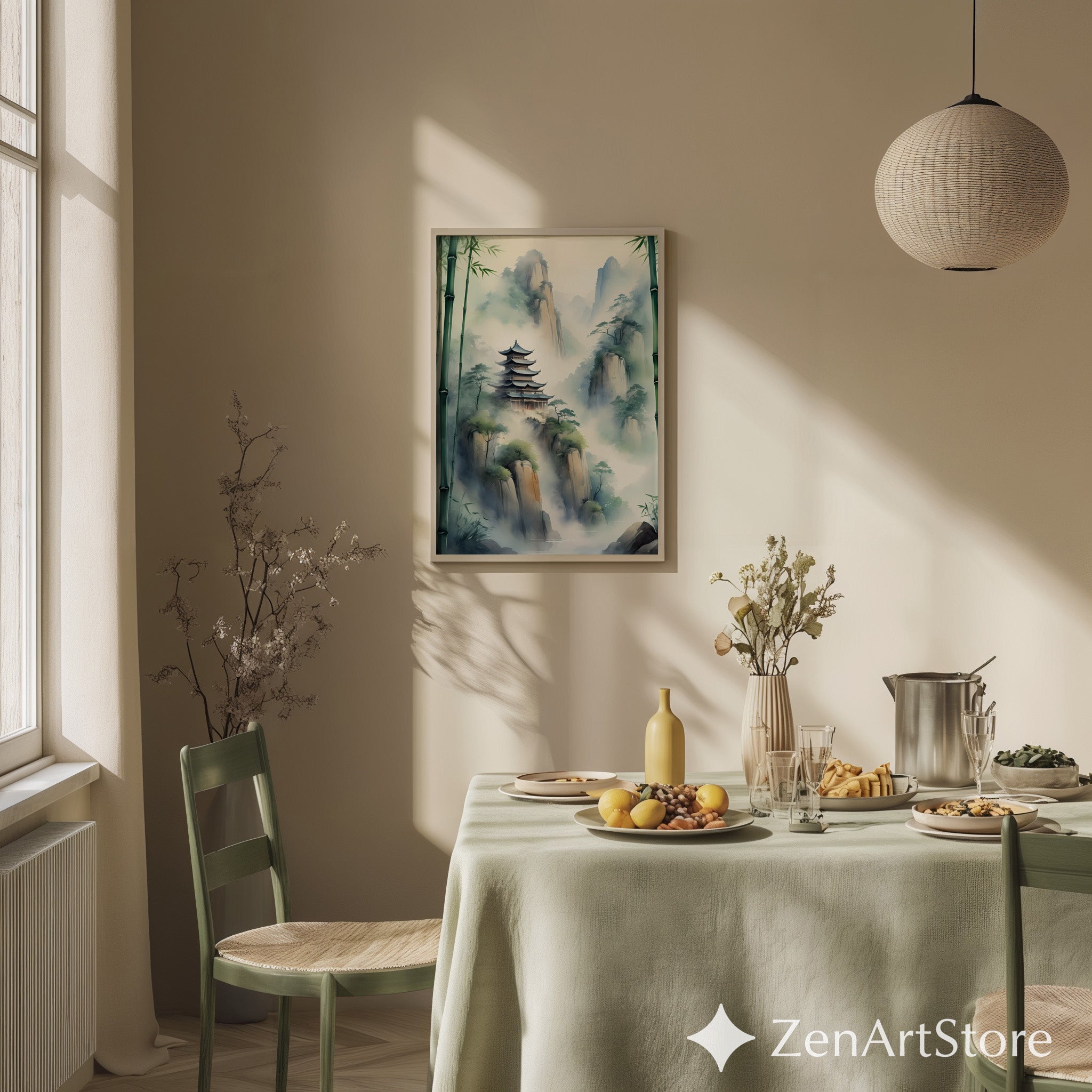 Misty Mountain Pagoda Wall Art - Zen Bamboo Landscape Print, Japandi Minimal Home Decor