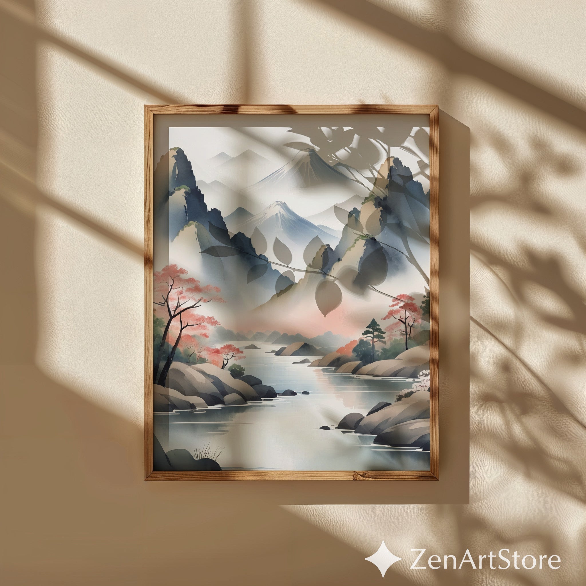 Misty Japanese Mountain Watercolor Print - Zen Cherry Blossom Landscape Art for Living Room Japandi Minimal Wall Decor