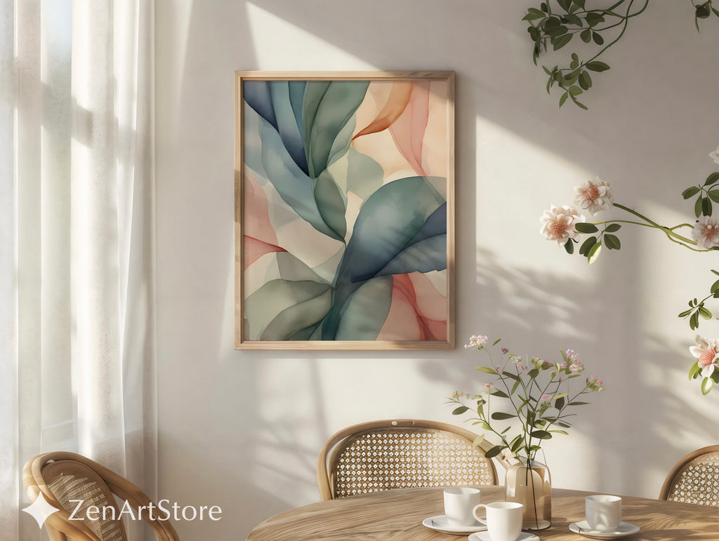 Abstract Botanical Leaf Wall Art - Neutral Japandi Minimalist Pastel Print for Living Room Bedroom Nursery