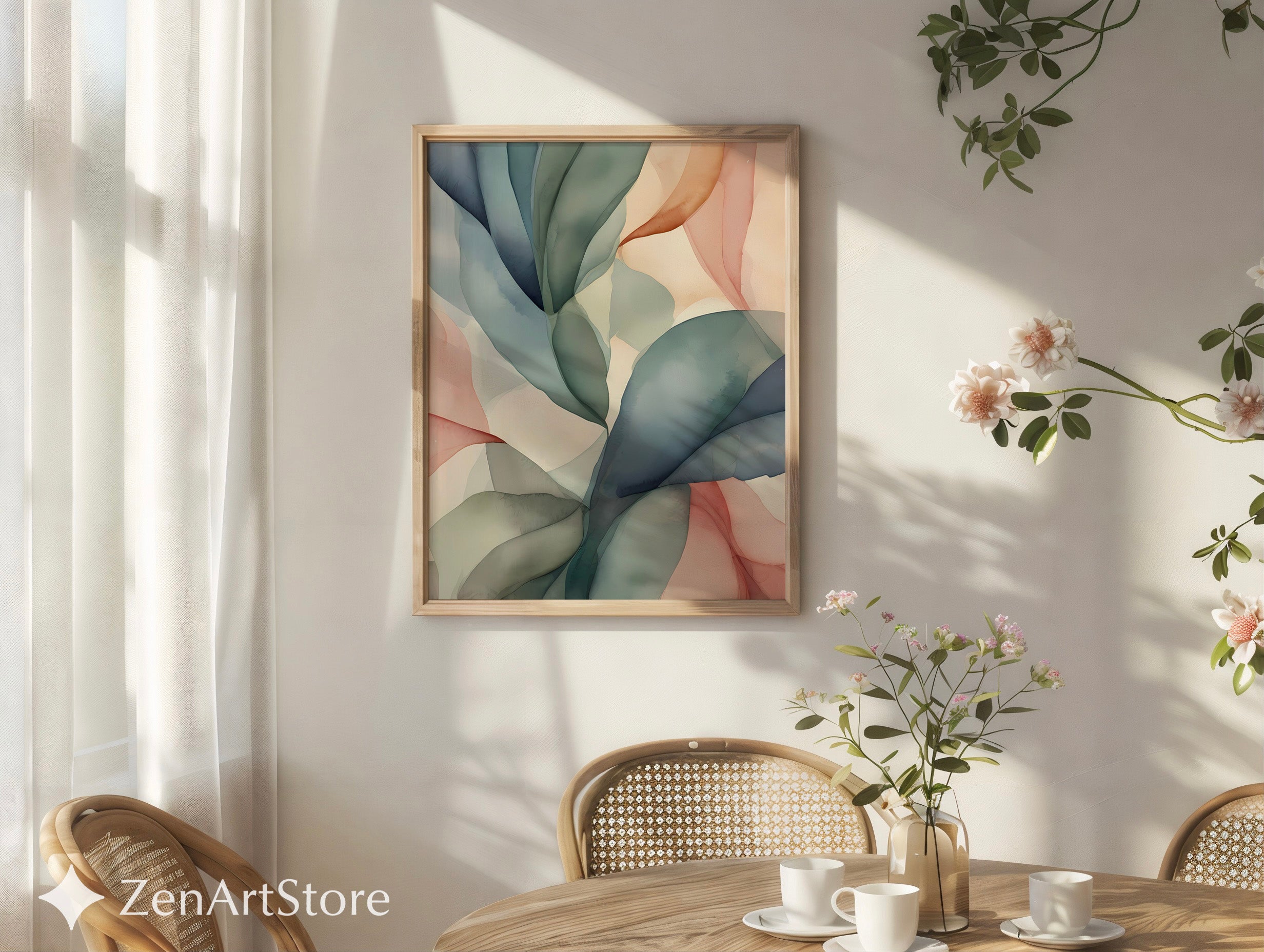 Abstract Botanical Leaf Wall Art - Neutral Japandi Minimalist Pastel Print for Living Room Bedroom Nursery