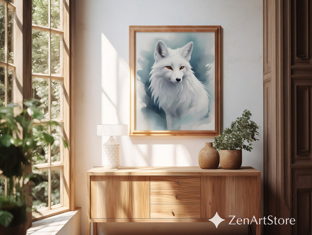 White Arctic Fox Wall Art - Minimal Scandinavian Japandi Fox Print, Neutral Modern Animal Portrait, Printable Digital Download for Home Decor