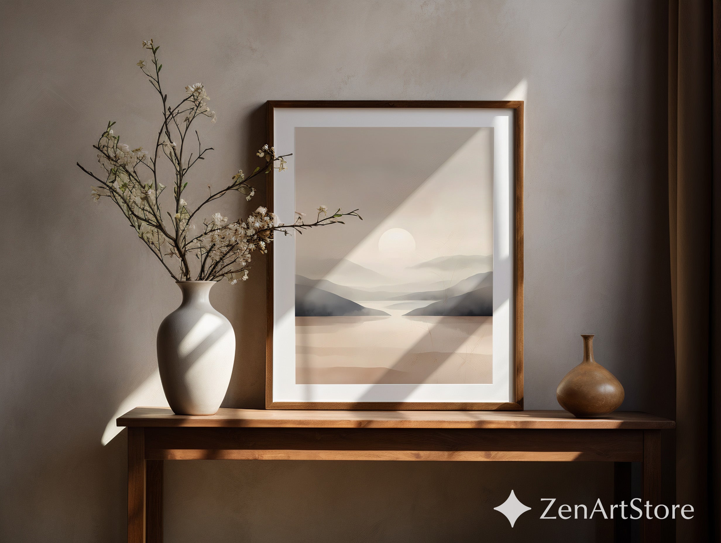 Minimal Neutral Landscape Wall Art | Calm Beige Sunrise Abstract Print for Living Room, Bedroom, Japandi, Scandinavian Home Decor