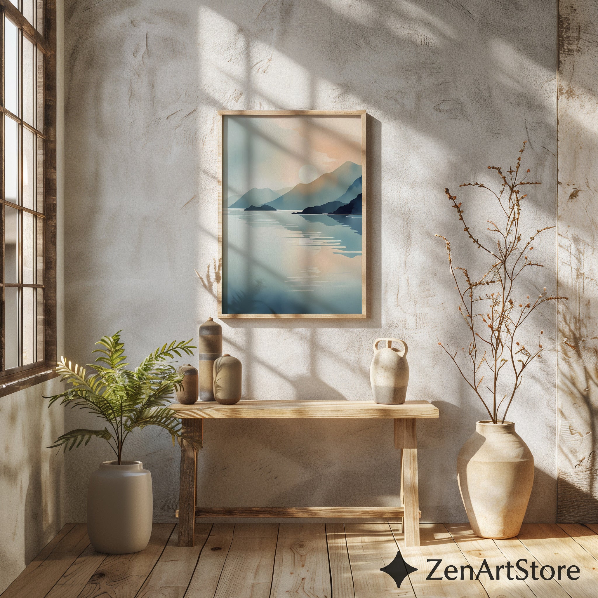 Minimalist Mountain Lake Sunrise Wall Art - Calming Japandi Landscape Print in Neutral Blue & Beige