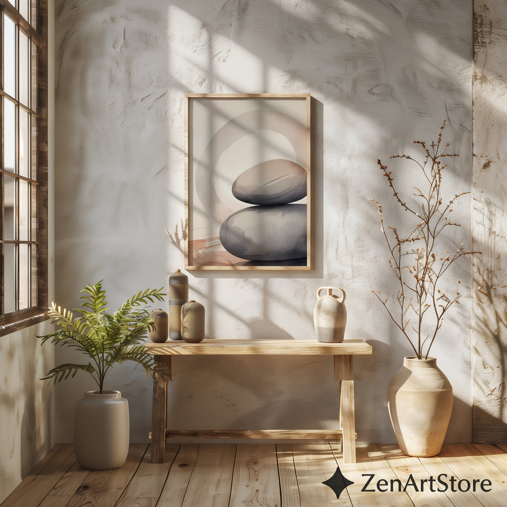 Minimal Zen Stone Stack Wall Art - Neutral Abstract Printable, Wabi Sabi Japandi Home Decor