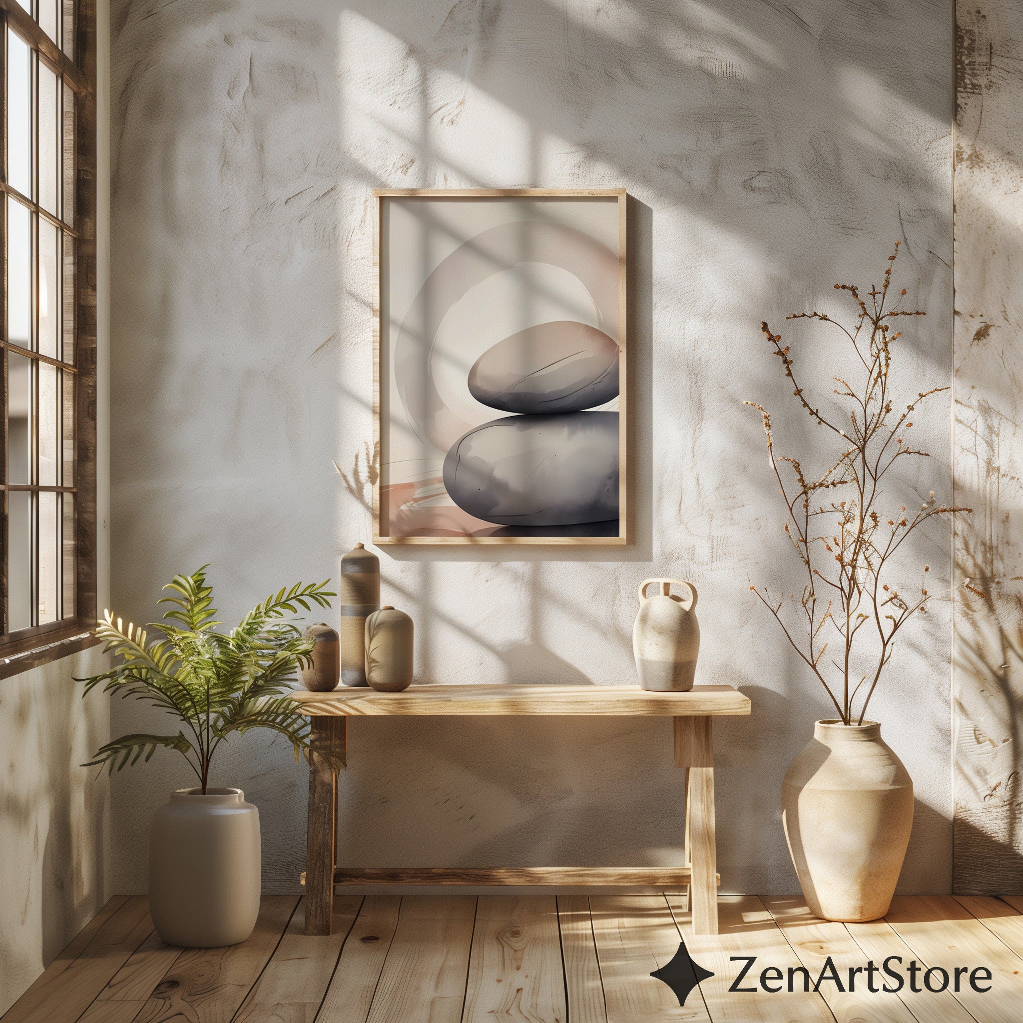 Minimal Zen Stone Stack Wall Art - Neutral Abstract Printable, Wabi Sabi Japandi Home Decor
