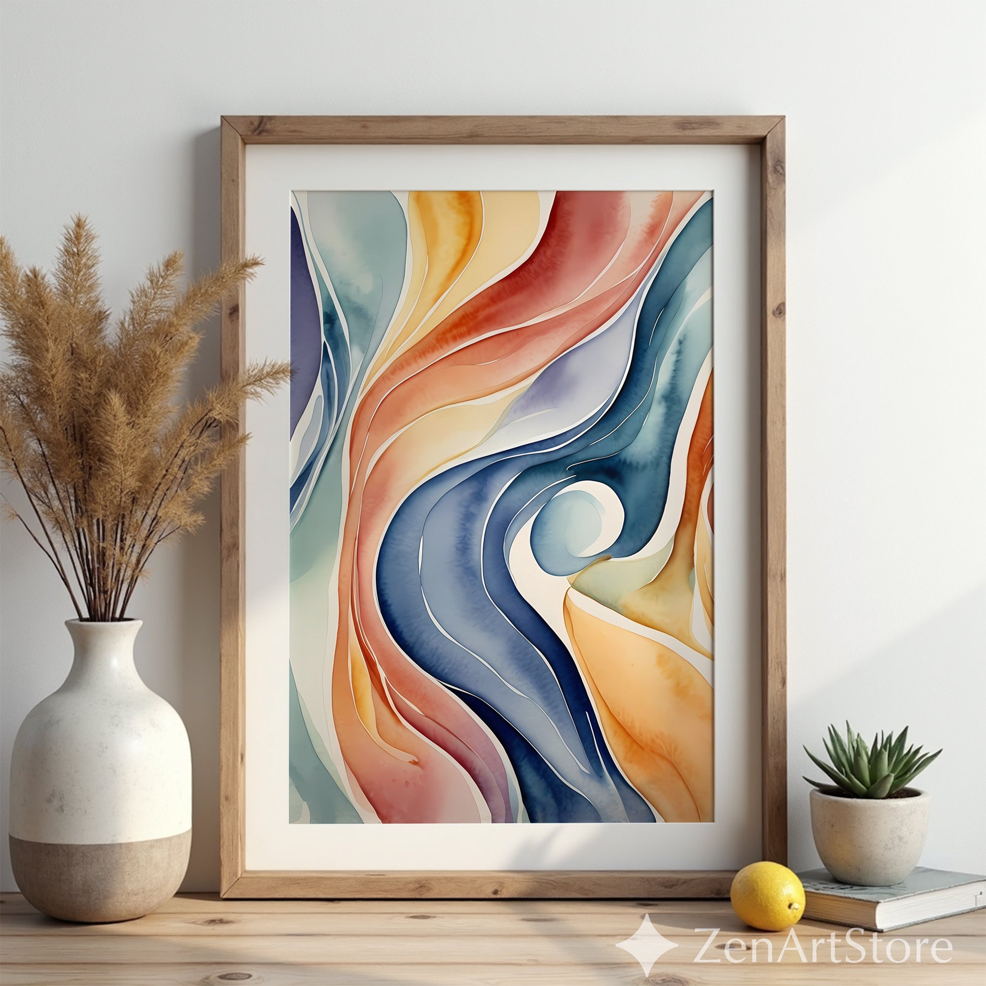 Fluid Watercolor Abstract Wall Art - Calming Organic Waves in Blue Coral Mustard - Modern Mid Century Boho Home Decor Print