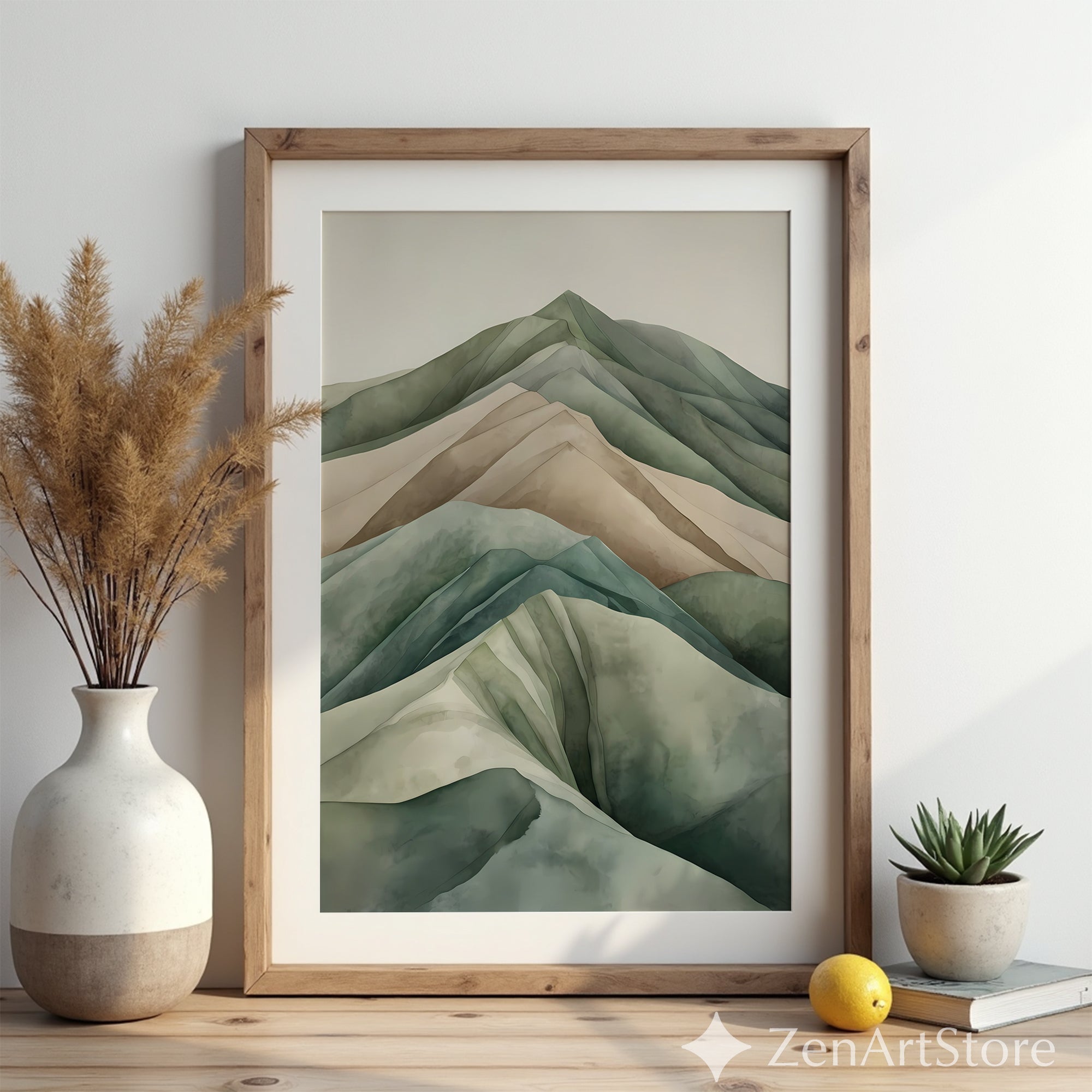 Calm Minimal Mountain Wall Art - Neutral Watercolor Landscape Print | Japandi Wabi Sabi Green Beige Modern Home Decor