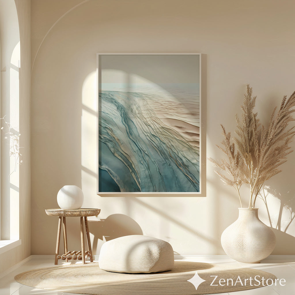 Abstract Coastal Landscape Wall Art - Neutral Blue Beige Minimal Print for Living Room, Japandi Wabi Sabi Decor