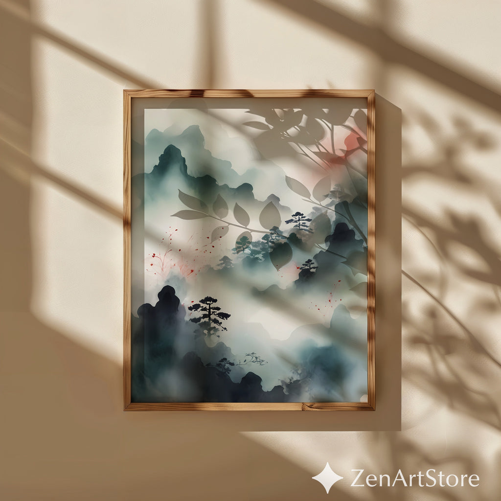 Misty Mountain Zen Landscape Print - Japandi Minimal Ink Wash Wall Art, Neutral Calm Pine Trees