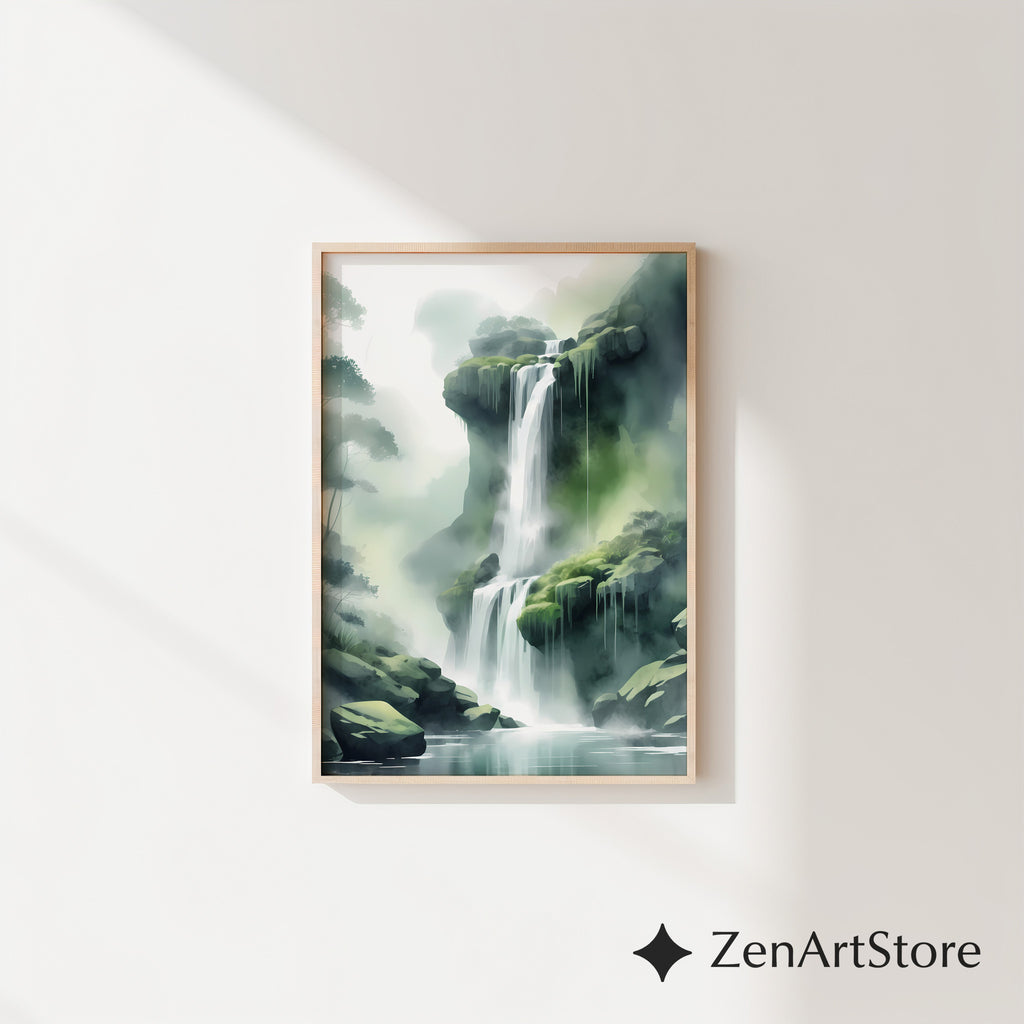 Misty Waterfall Wall Art Print – Zen Green Landscape for Living Room, Japandi Minimalist Nature Canvas