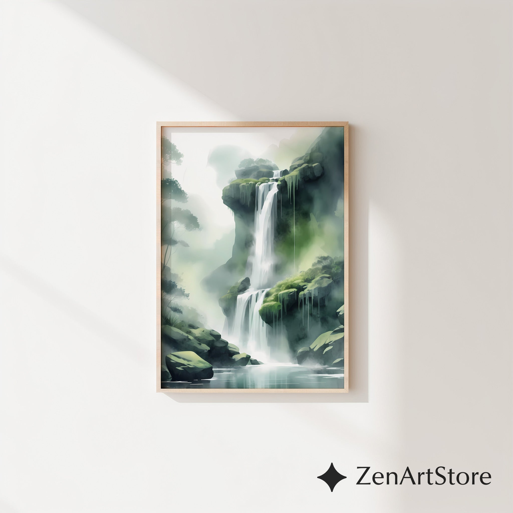 Misty Waterfall Wall Art Print – Zen Green Landscape for Living Room, Japandi Minimalist Nature Canvas
