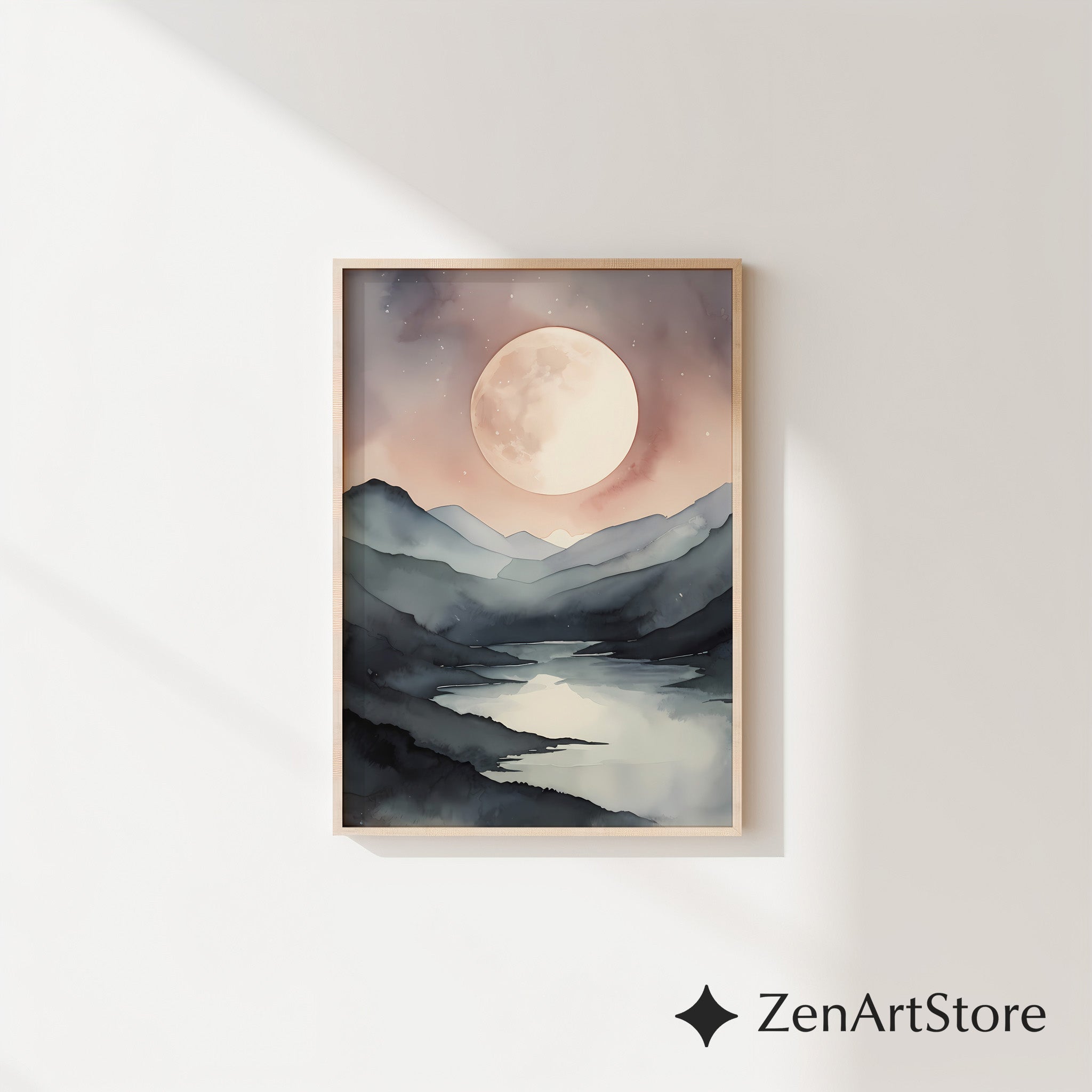 Serene Moonlit Mountain Lake Watercolor Print - Japandi Minimal Neutral Wall Art, Beige & Gray Landscape