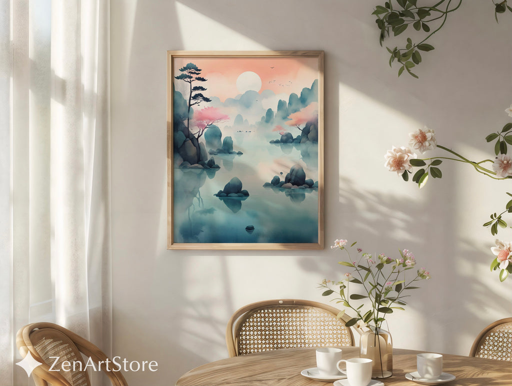 Serene Pastel Mountain Lake Wall Art - Zen Japandi Landscape Print, Printable & Canvas