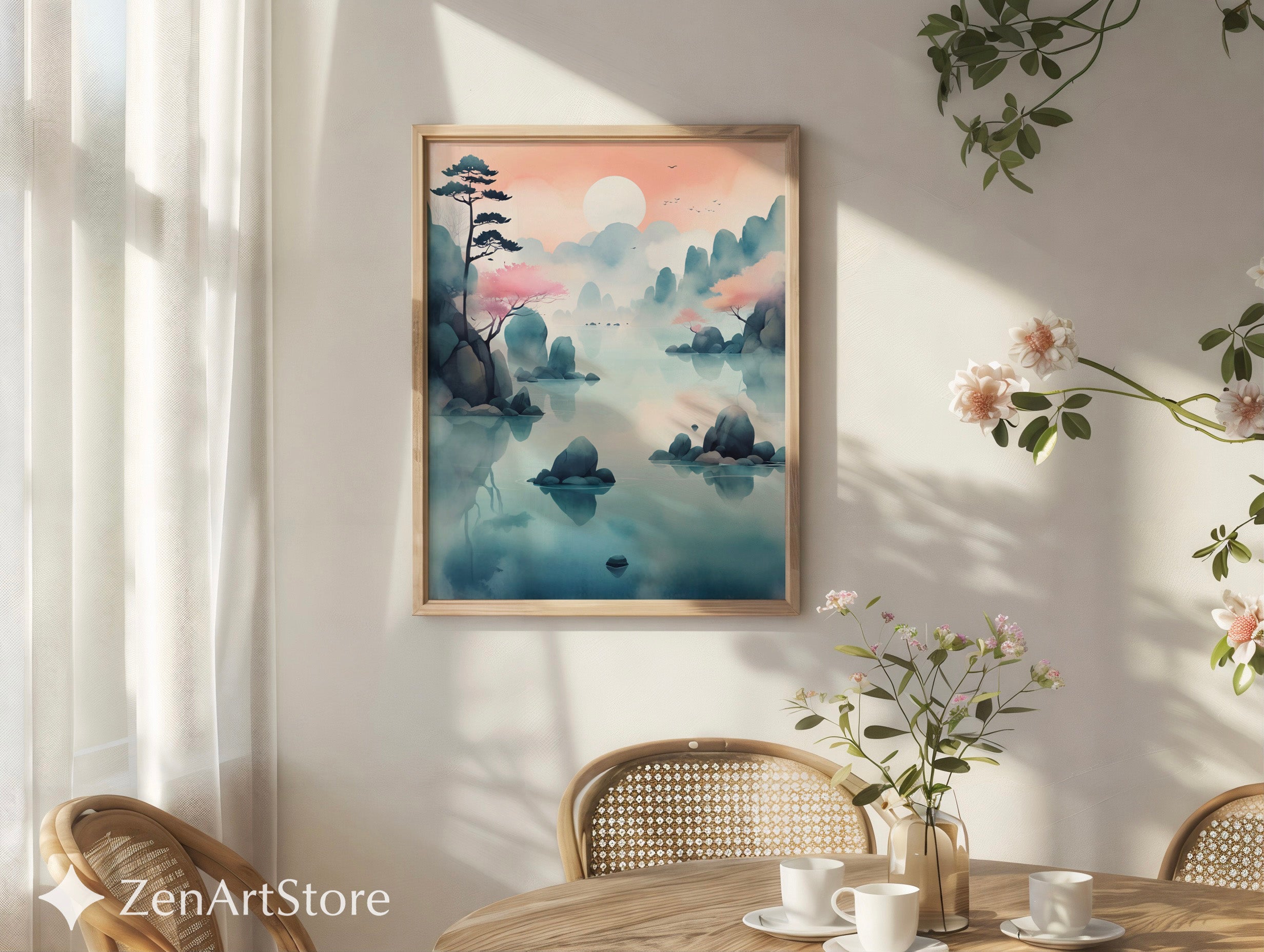 Serene Pastel Mountain Lake Wall Art - Zen Japandi Landscape Print, Printable & Canvas