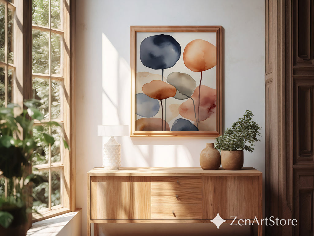 Abstract Watercolor Wall Art Neutral Terracotta & Blue - Minimal Japandi Scandi Zen Print for Living Room Bedroom