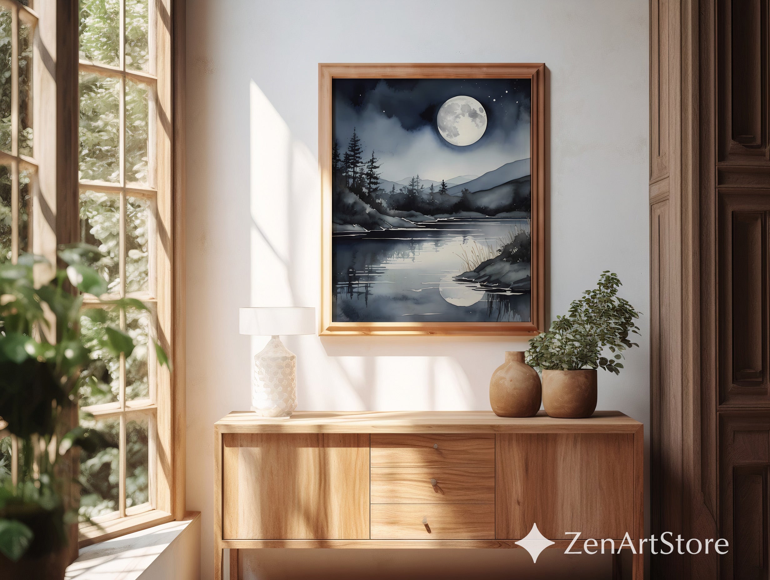 Moonlight Lake Watercolor Print - Night Sky Reflection Wall Art, Minimal Scandinavian Moon Landscape for Bedroom