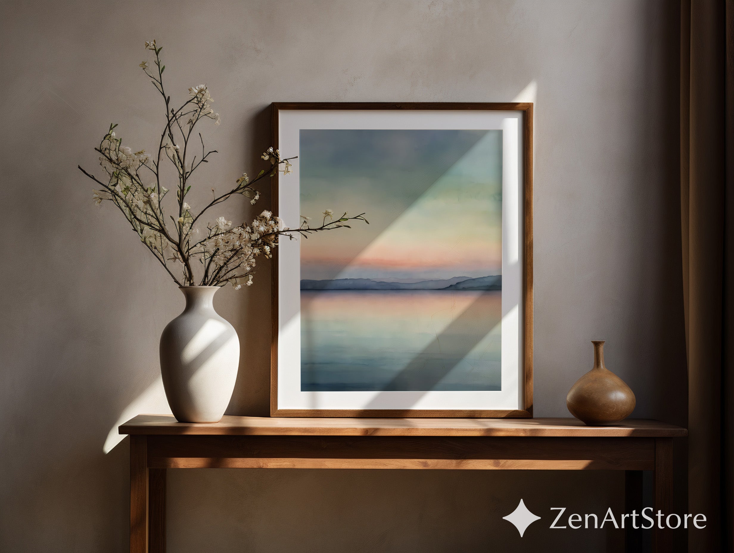 Serene Pastel Lake Sunset Minimal Landscape Art Print - Calm Japandi Wall Decor