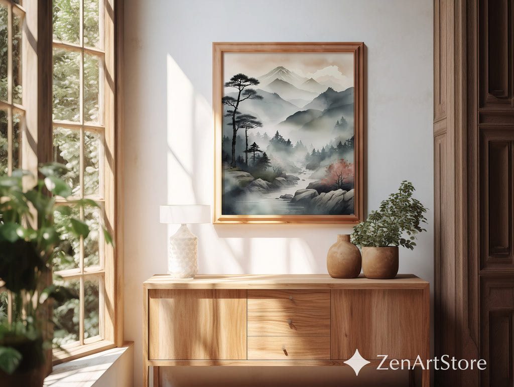 Zen Japanese Mountain Mist Printable Wall Art - Minimal Sumi-e Landscape for Calm Home
