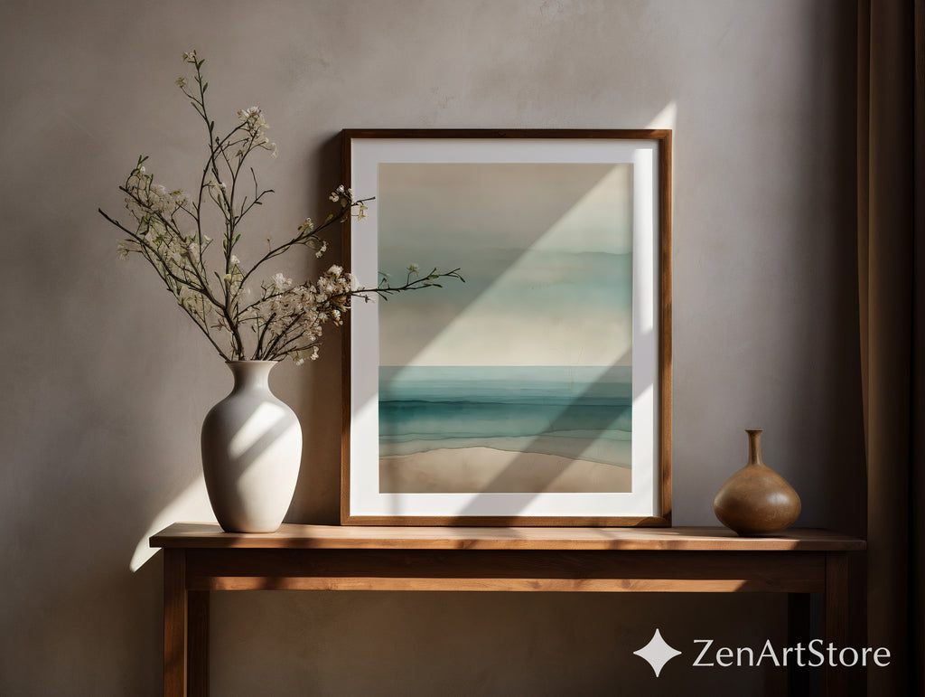 Minimal Coastal Seascape Print - Soft Teal & Beige Abstract Beach Wall Art, Zen Japandi Scandinavian Neutral Home Decor