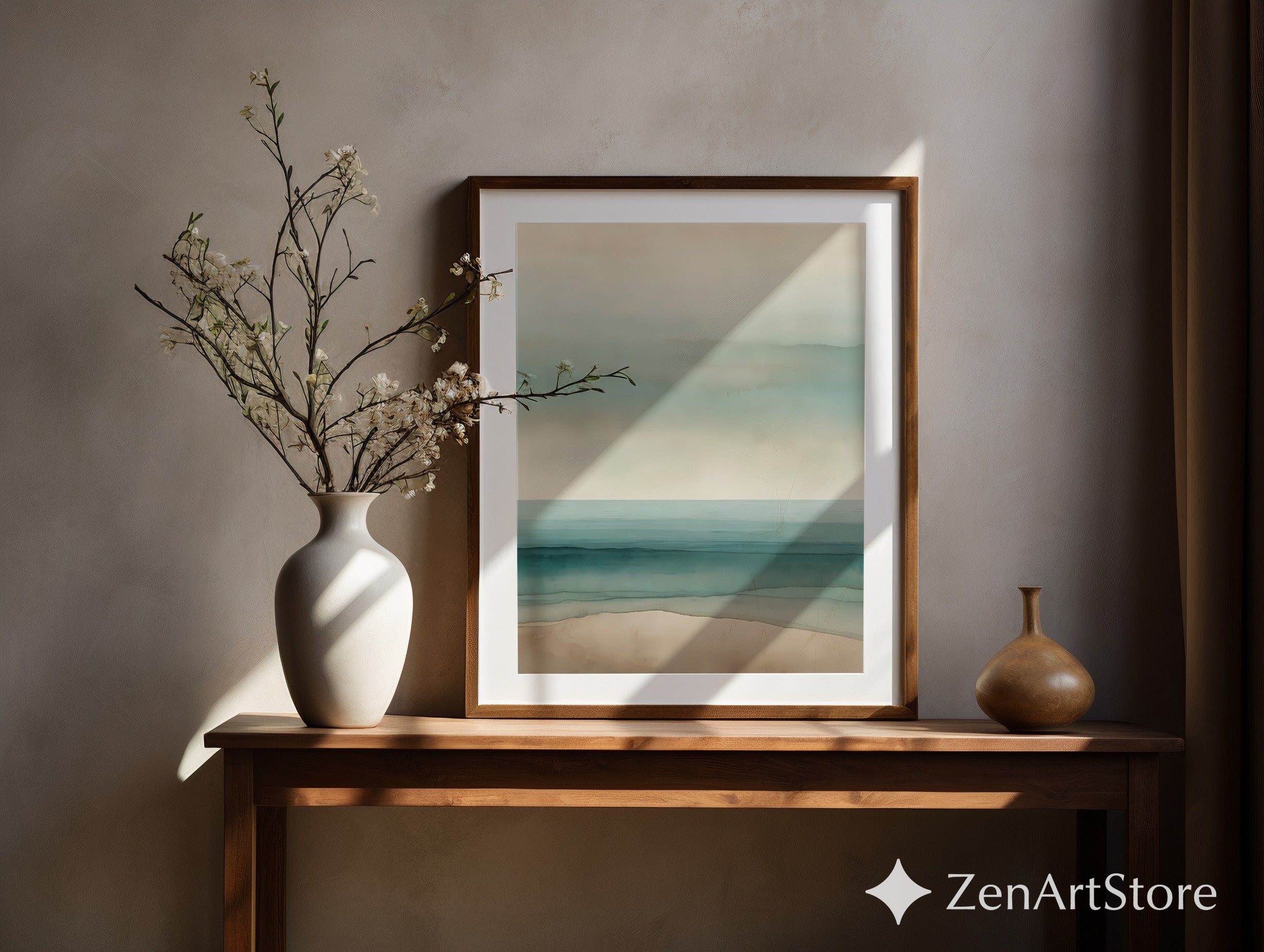 Minimal Coastal Seascape Print - Soft Teal & Beige Abstract Beach Wall Art, Zen Japandi Scandinavian Neutral Home Decor