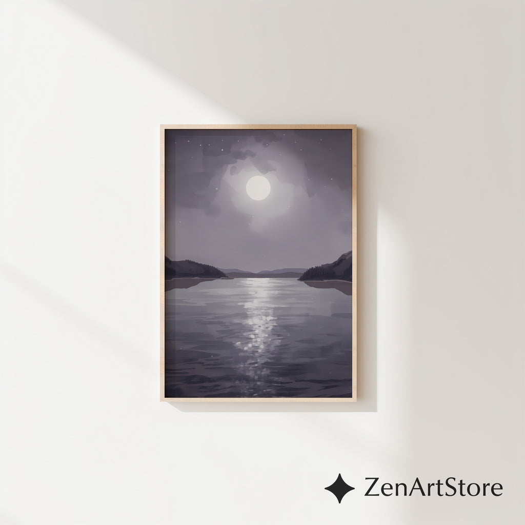 Moonlit Lake Minimalist Wall Art - Calming Neutral Landscape Print for Bedroom, Living Room, Japandi & Scandinavian Decor