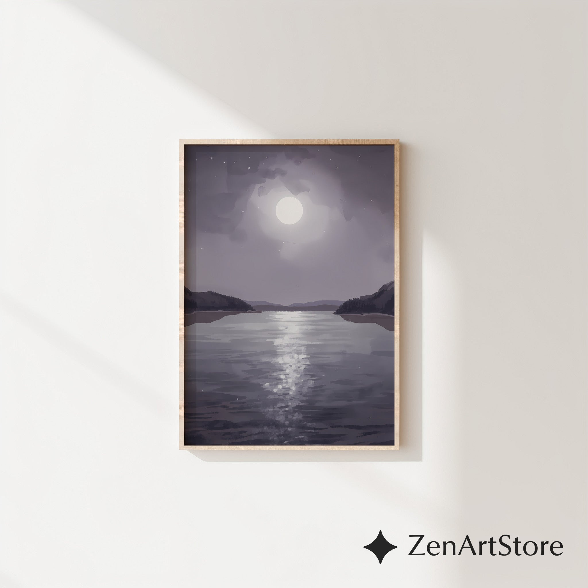 Moonlit Lake Minimalist Wall Art - Calming Neutral Landscape Print for Bedroom, Living Room, Japandi & Scandinavian Decor