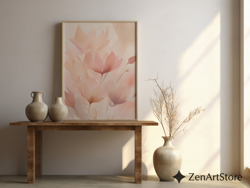 Blush Botanical Wall Art - Soft Pink Floral Abstract Print for Living Room Bedroom Nursery - Minimal Japandi Neutral Home Decor