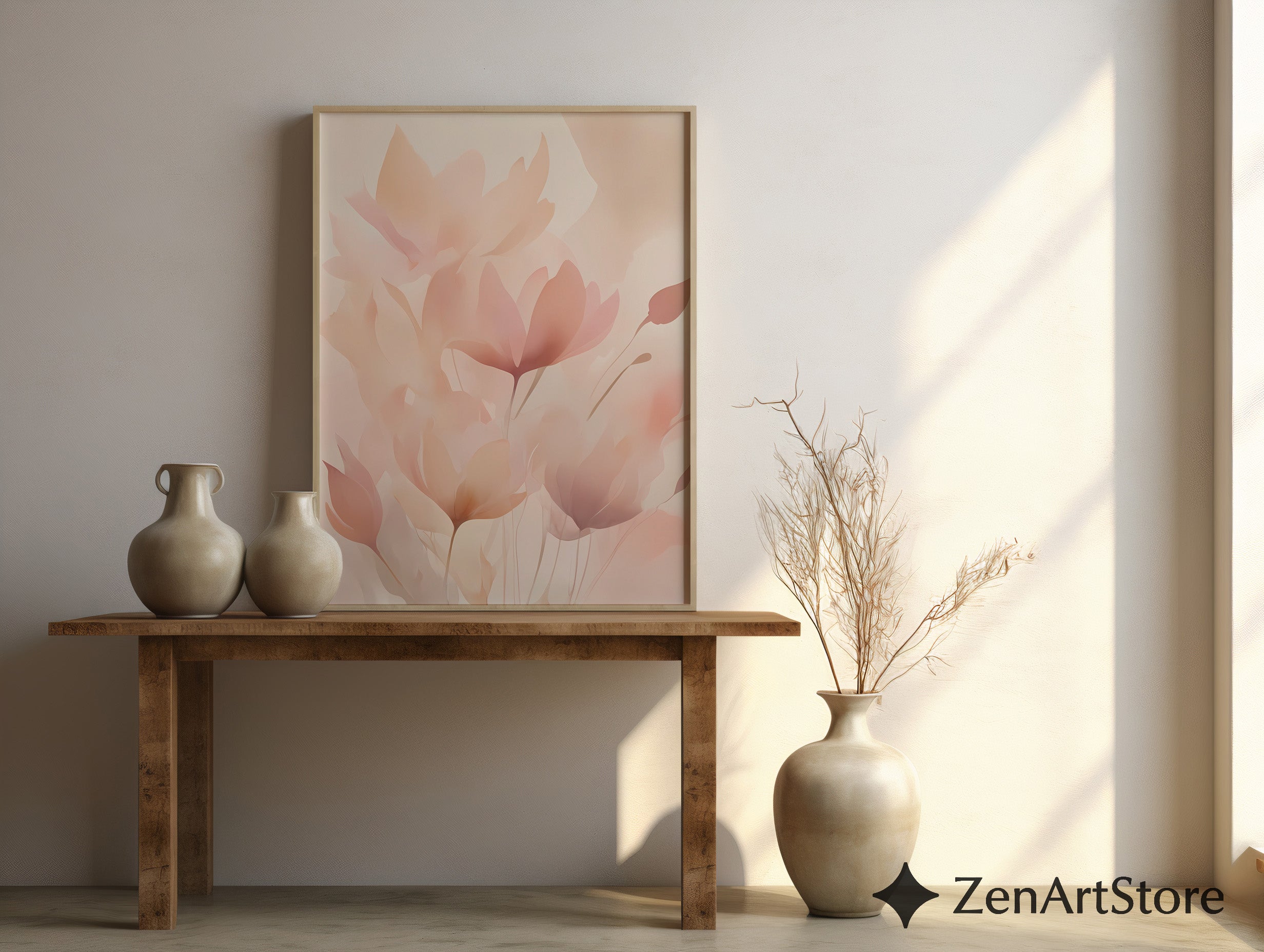 Blush Botanical Wall Art - Soft Pink Floral Abstract Print for Living Room Bedroom Nursery - Minimal Japandi Neutral Home Decor