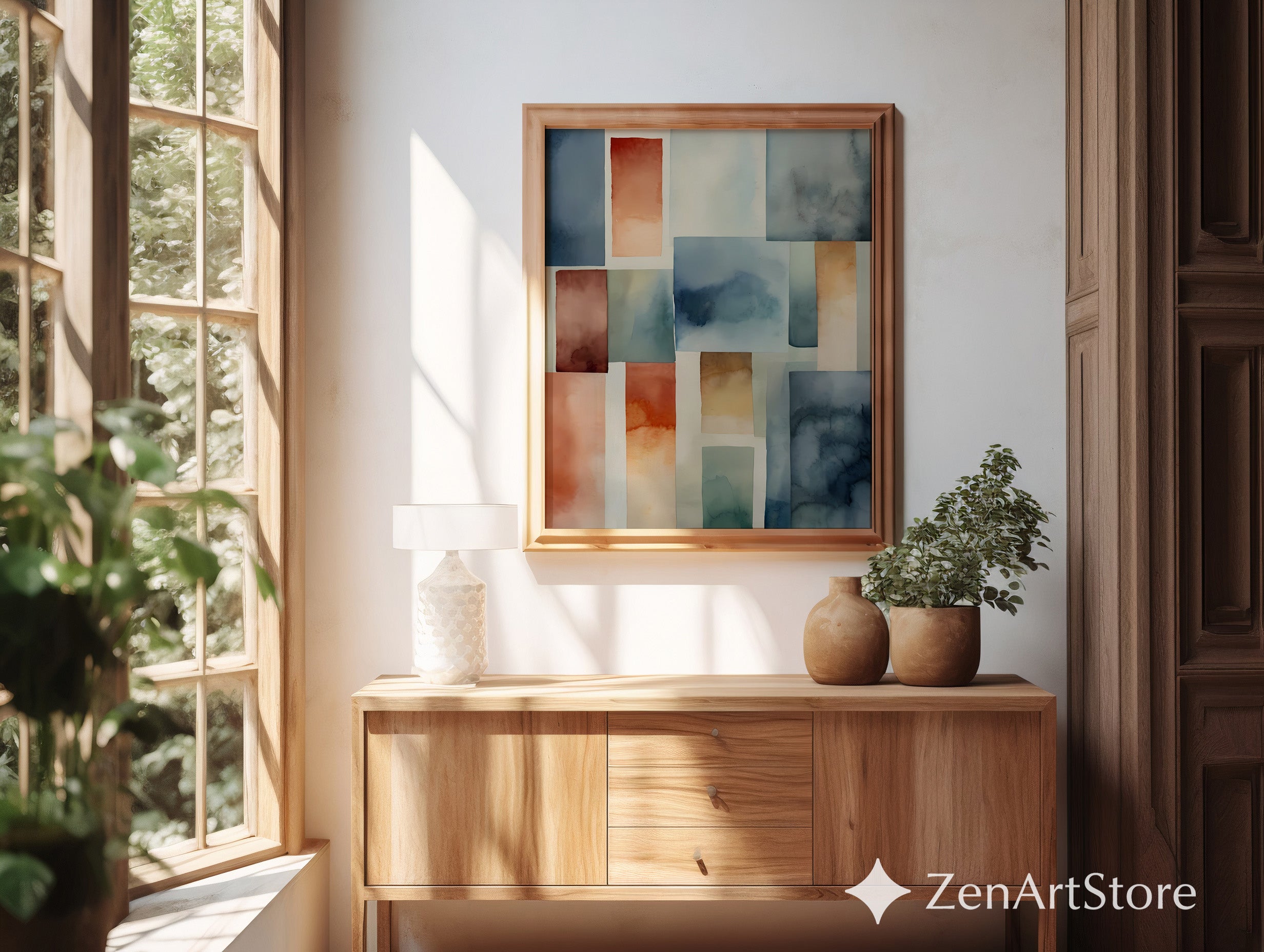 Abstract Geometric Watercolor Wall Art - Calm Blue, Terracotta & Beige Minimal Print for Modern Japandi Scandinavian Home Decor