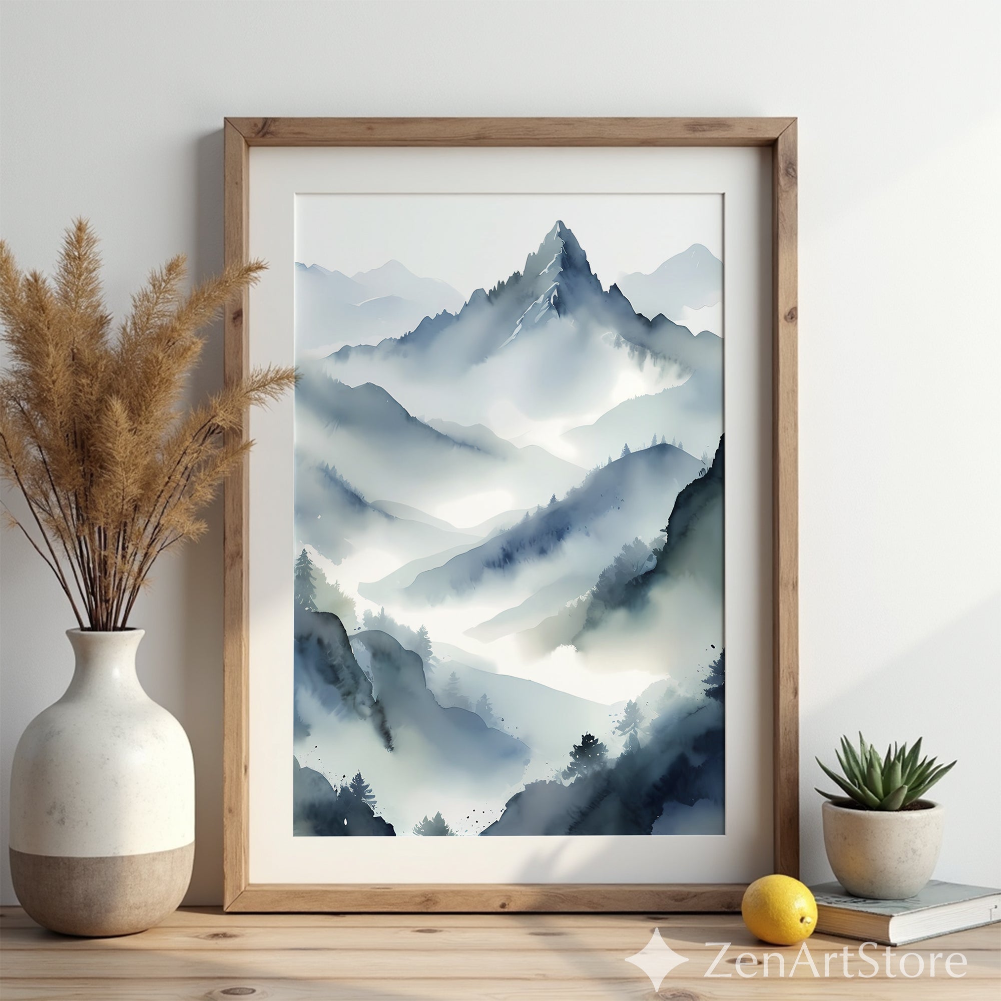 Misty Mountain Watercolor Print - Zen Japandi Minimal Landscape Wall Art, Neutral Blue Gray Home Decor