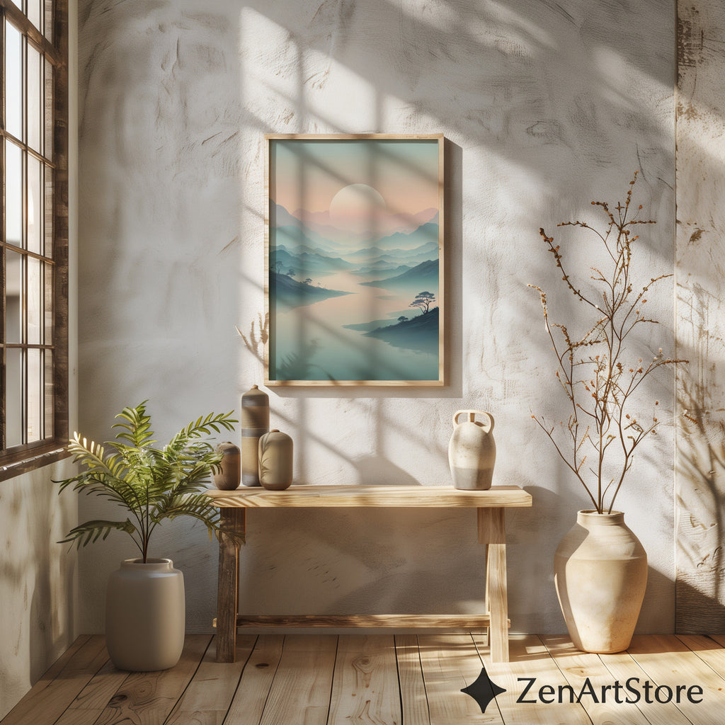 Misty Mountain Sunrise Wall Art - Minimal Zen Landscape Print, Japandi Pastel Sun Poster for Living Room